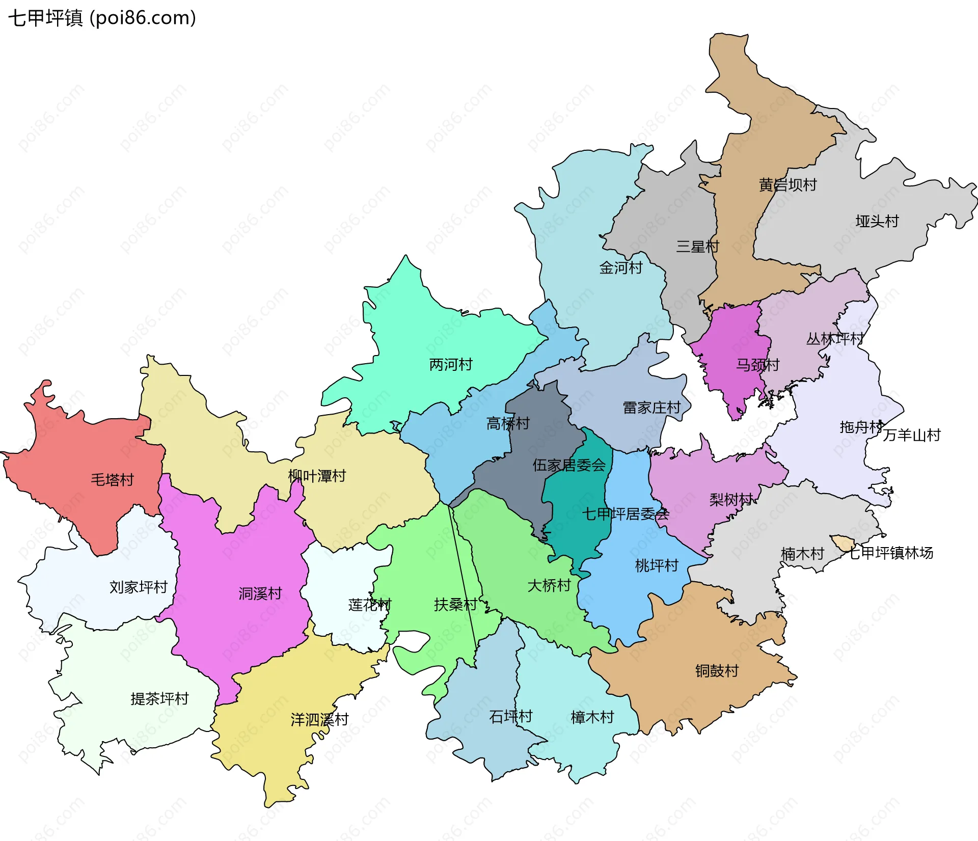 七甲坪镇边界地图(五级行政区划)