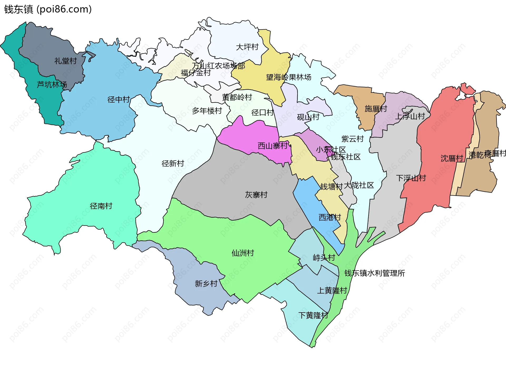 钱东镇边界地图(五级行政区划)