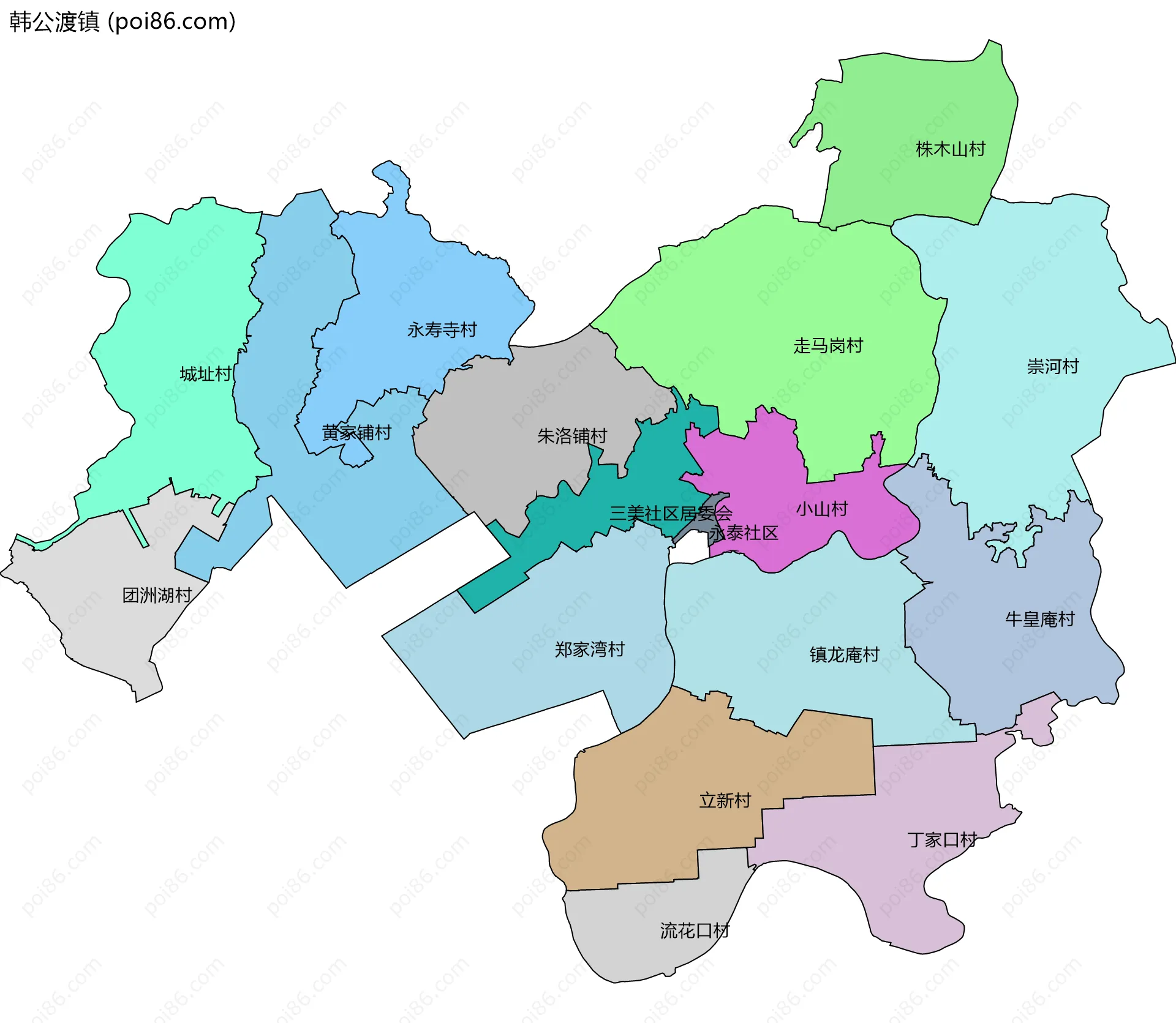 韩公渡镇边界地图(五级行政区划)