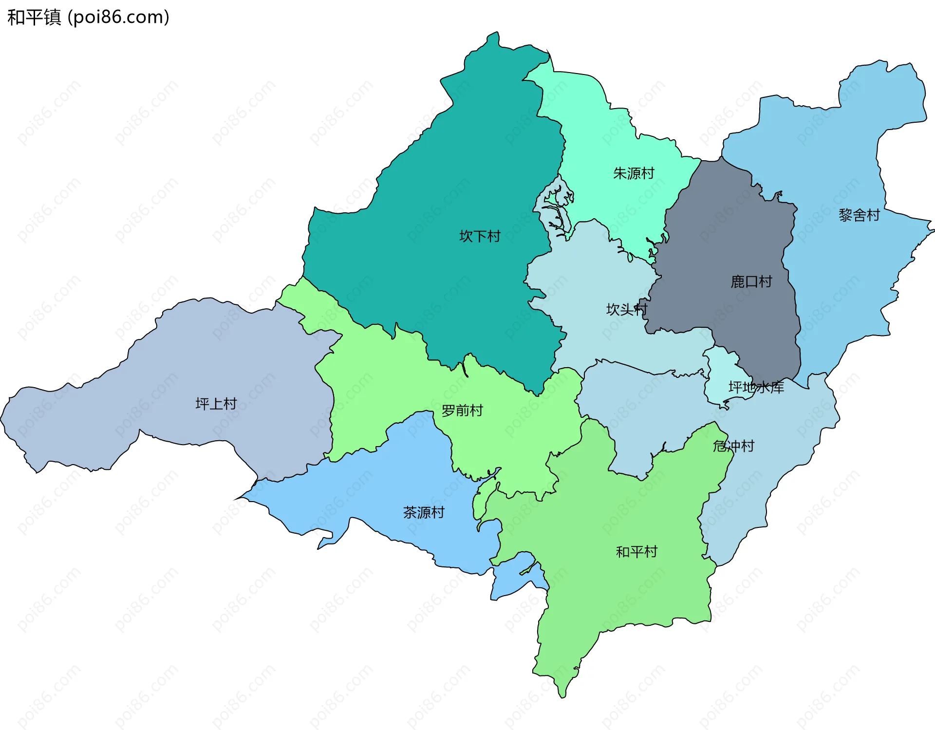 和平镇边界地图(五级行政区划)