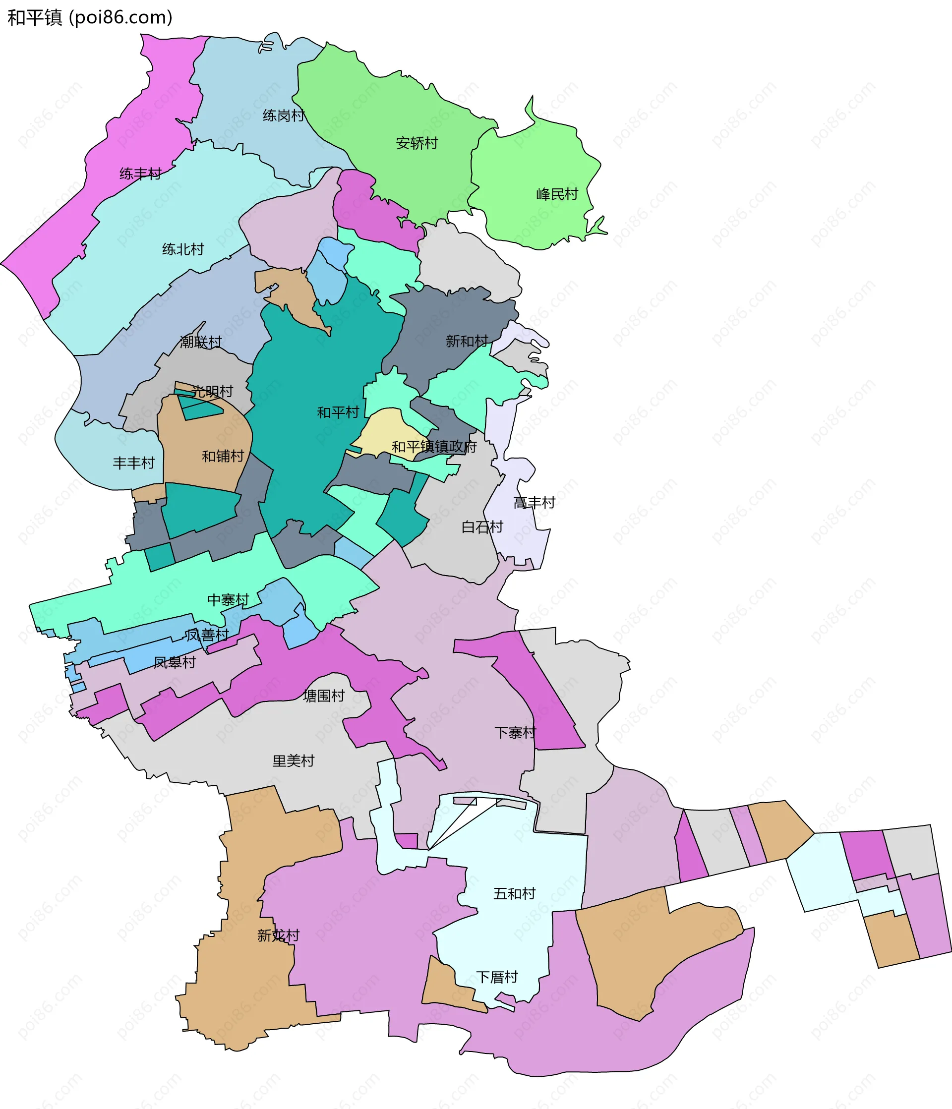 和平镇边界地图(五级行政区划)