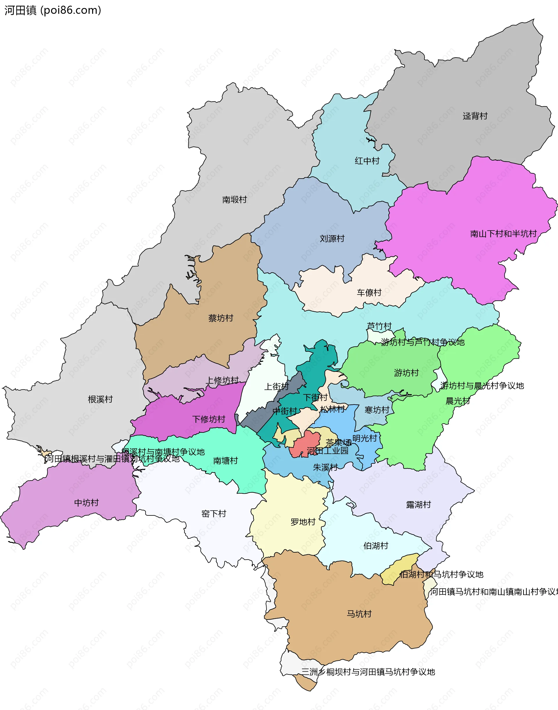 河田镇边界地图(五级行政区划)