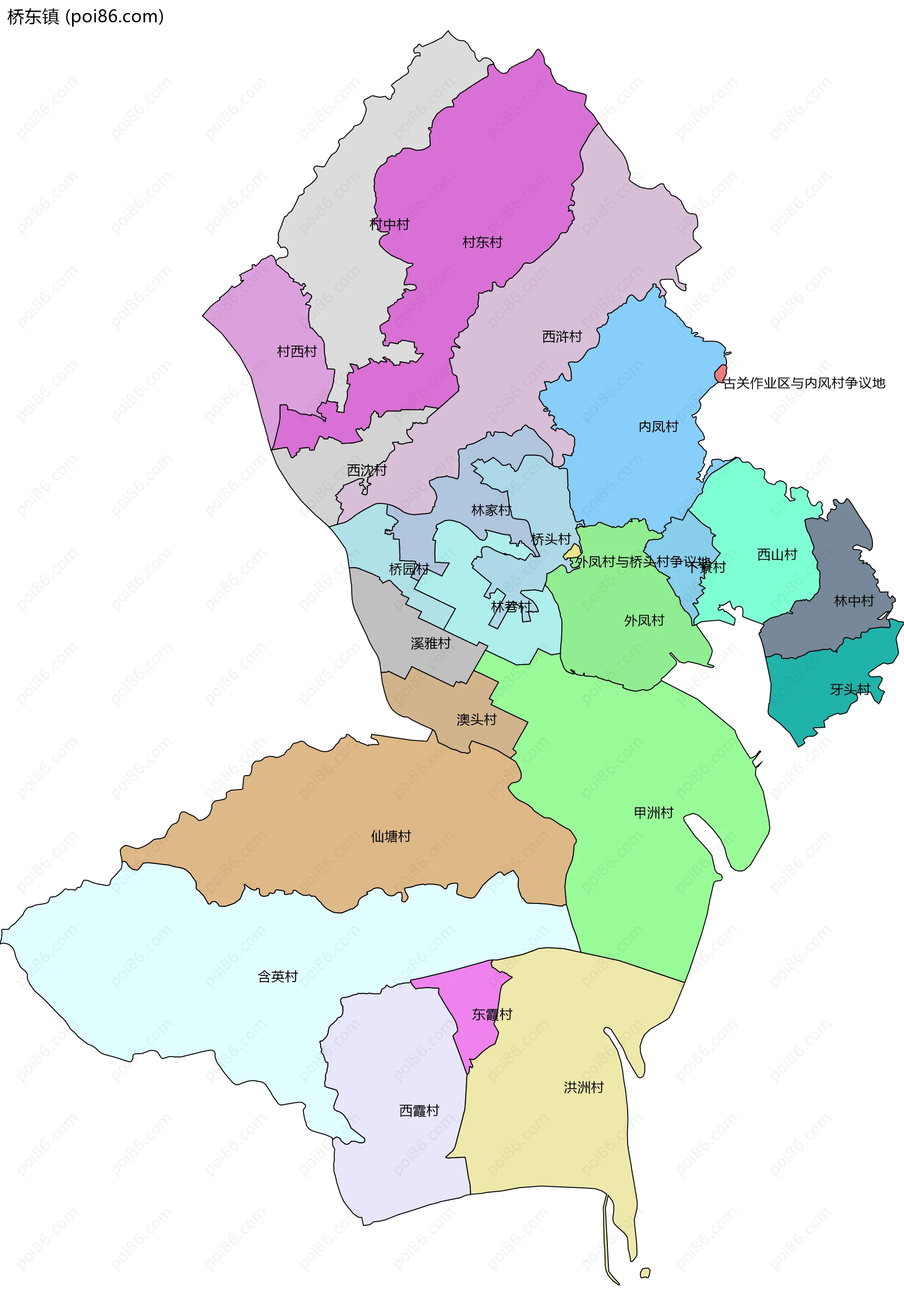 桥东镇边界地图(五级行政区划)