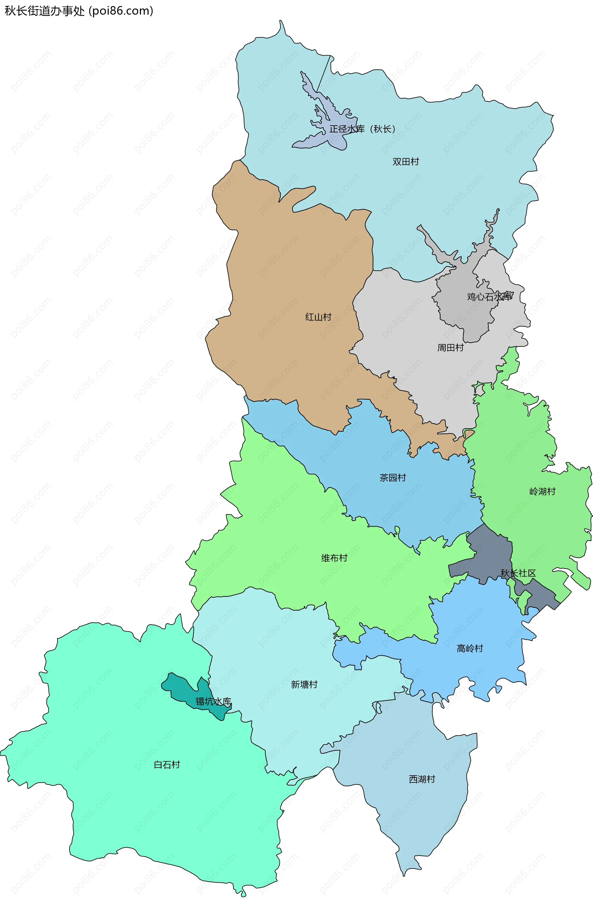 秋长街道办事处边界地图(五级行政区划)