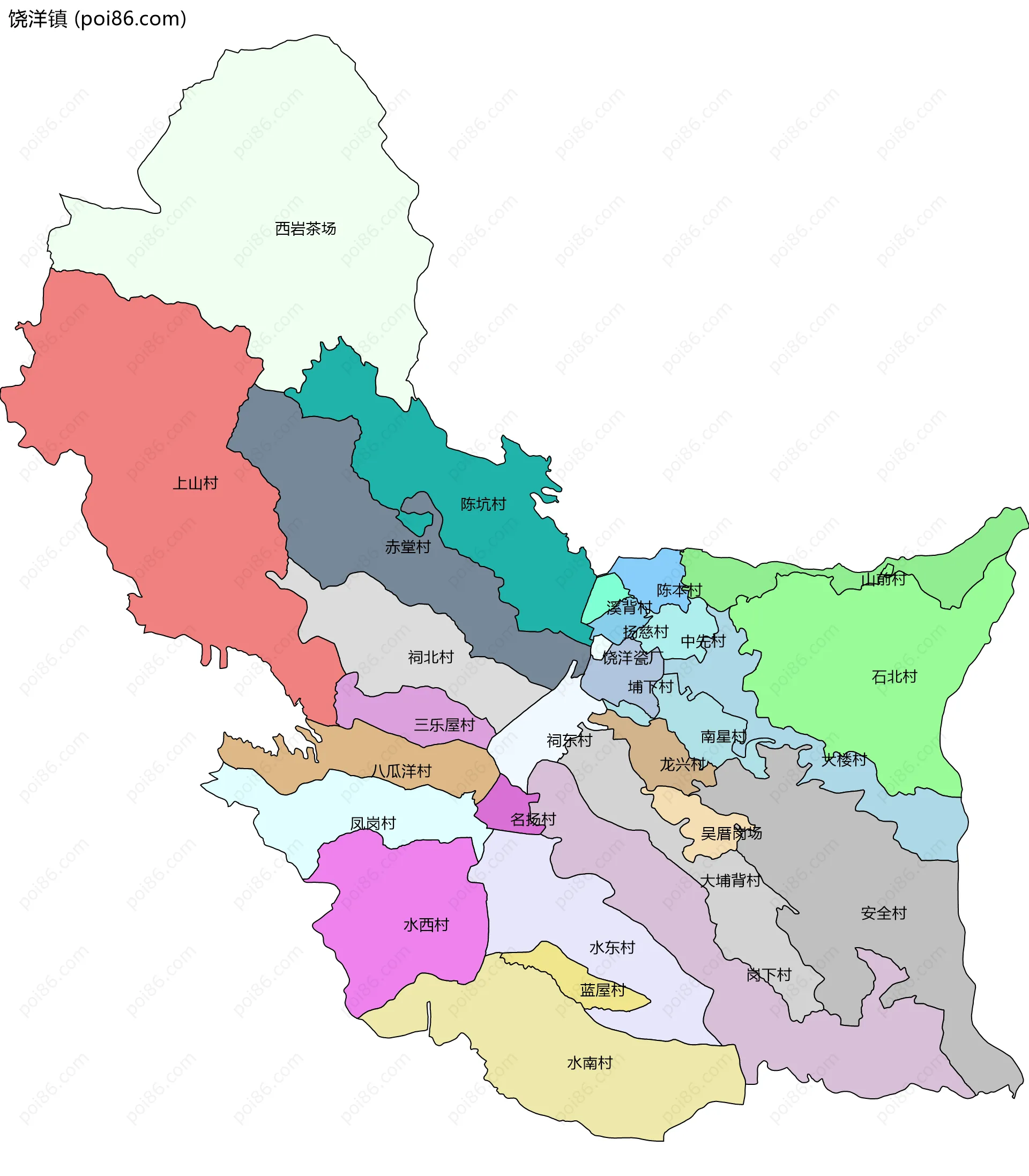 饶洋镇边界地图(五级行政区划)