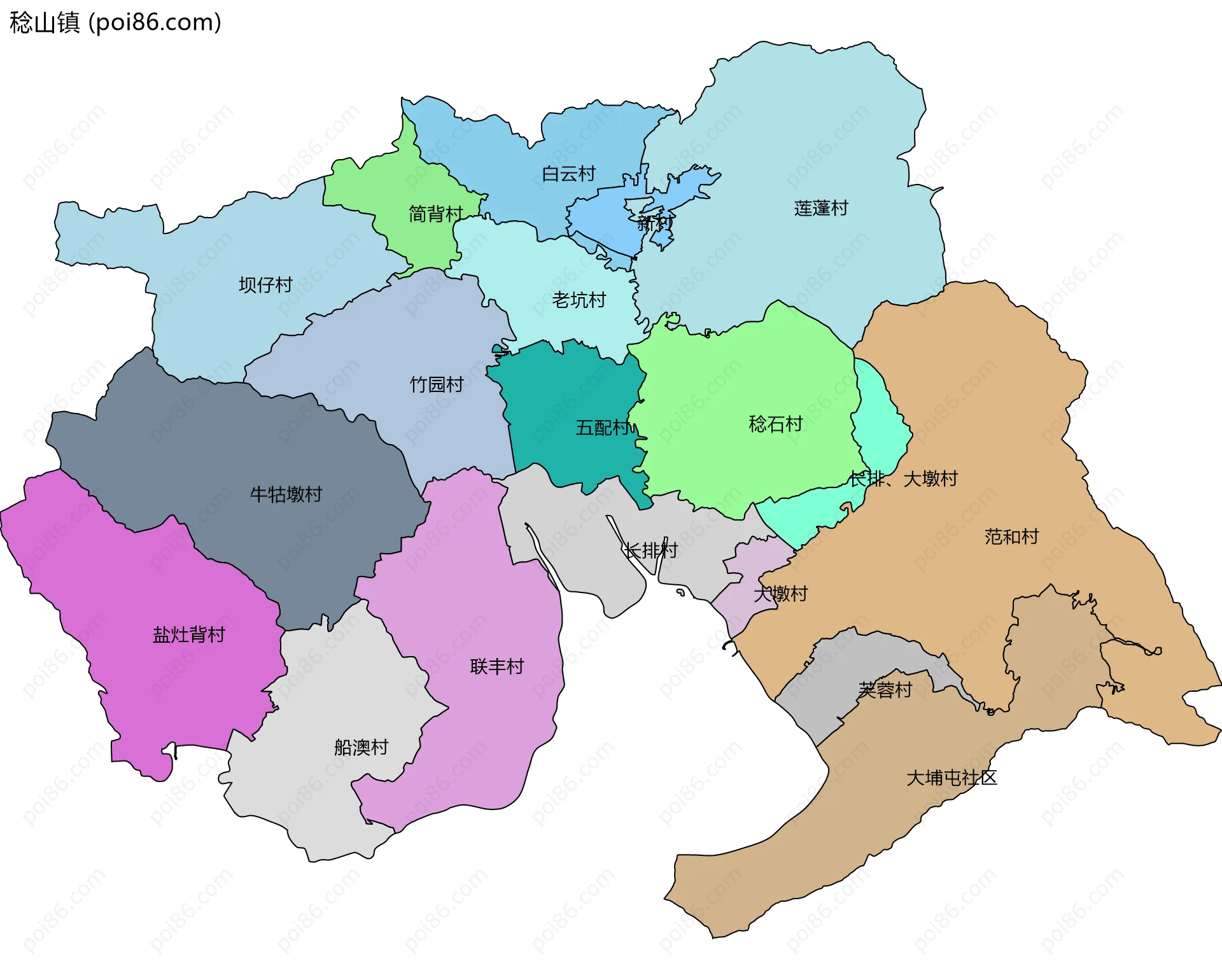 稔山镇边界地图(五级行政区划)