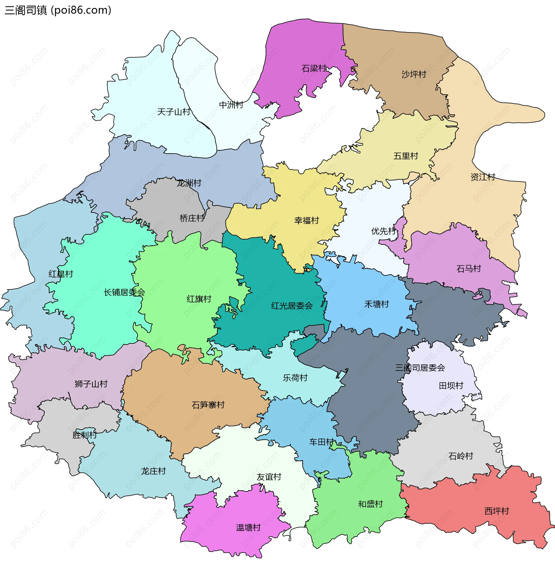 三阁司镇边界地图(五级行政区划)