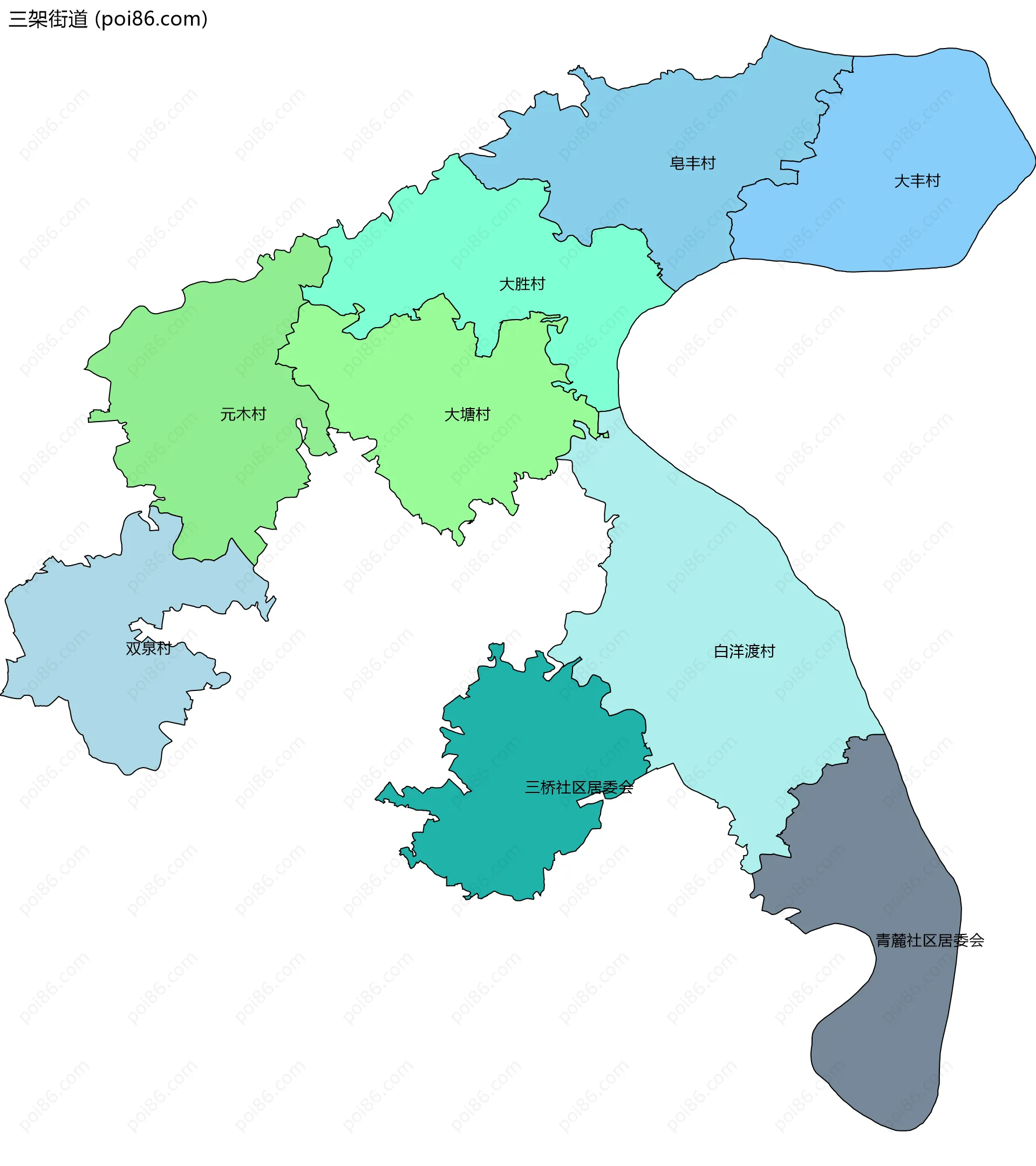 三架街道边界地图(五级行政区划)