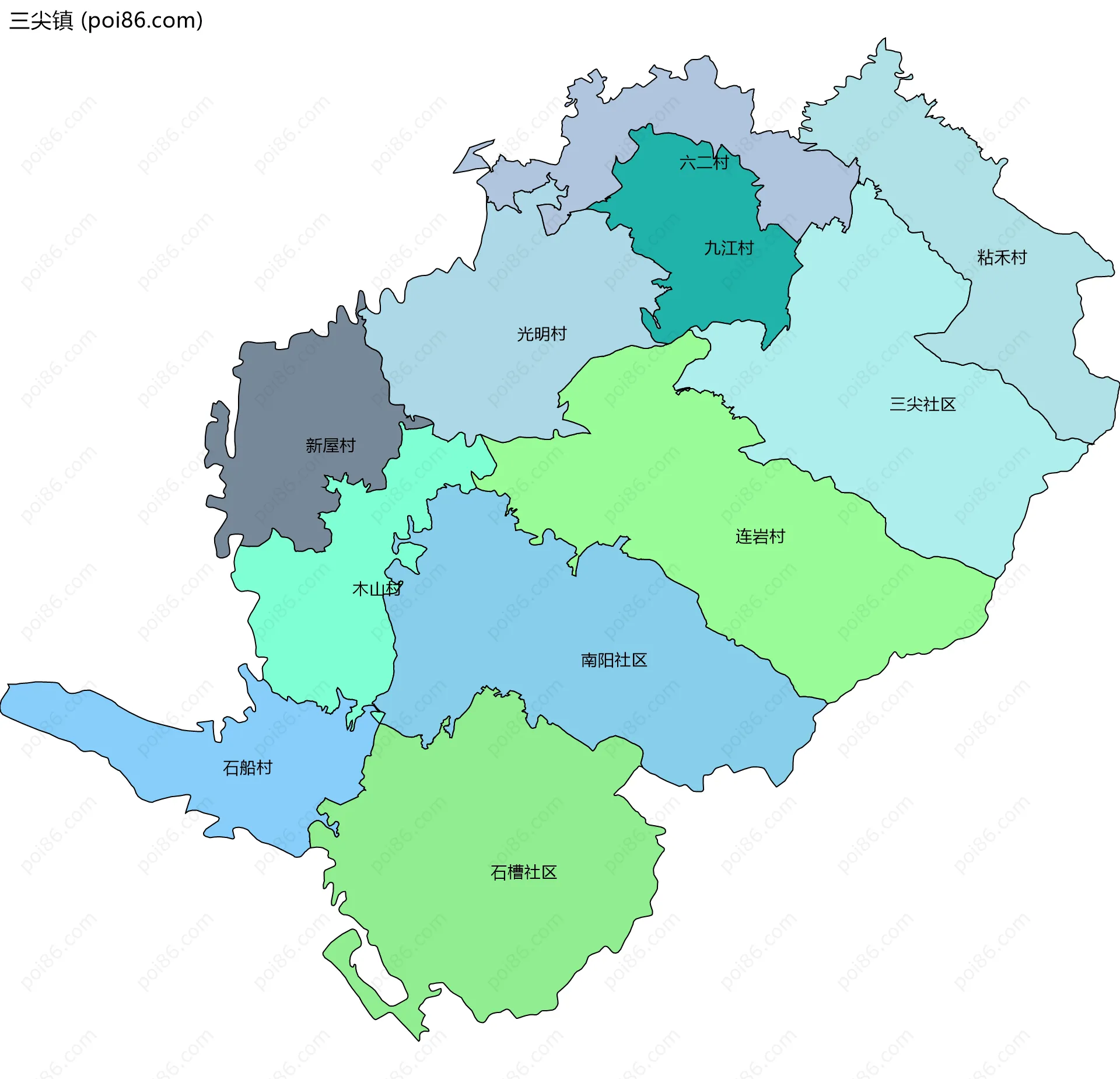 三尖镇边界地图(五级行政区划)