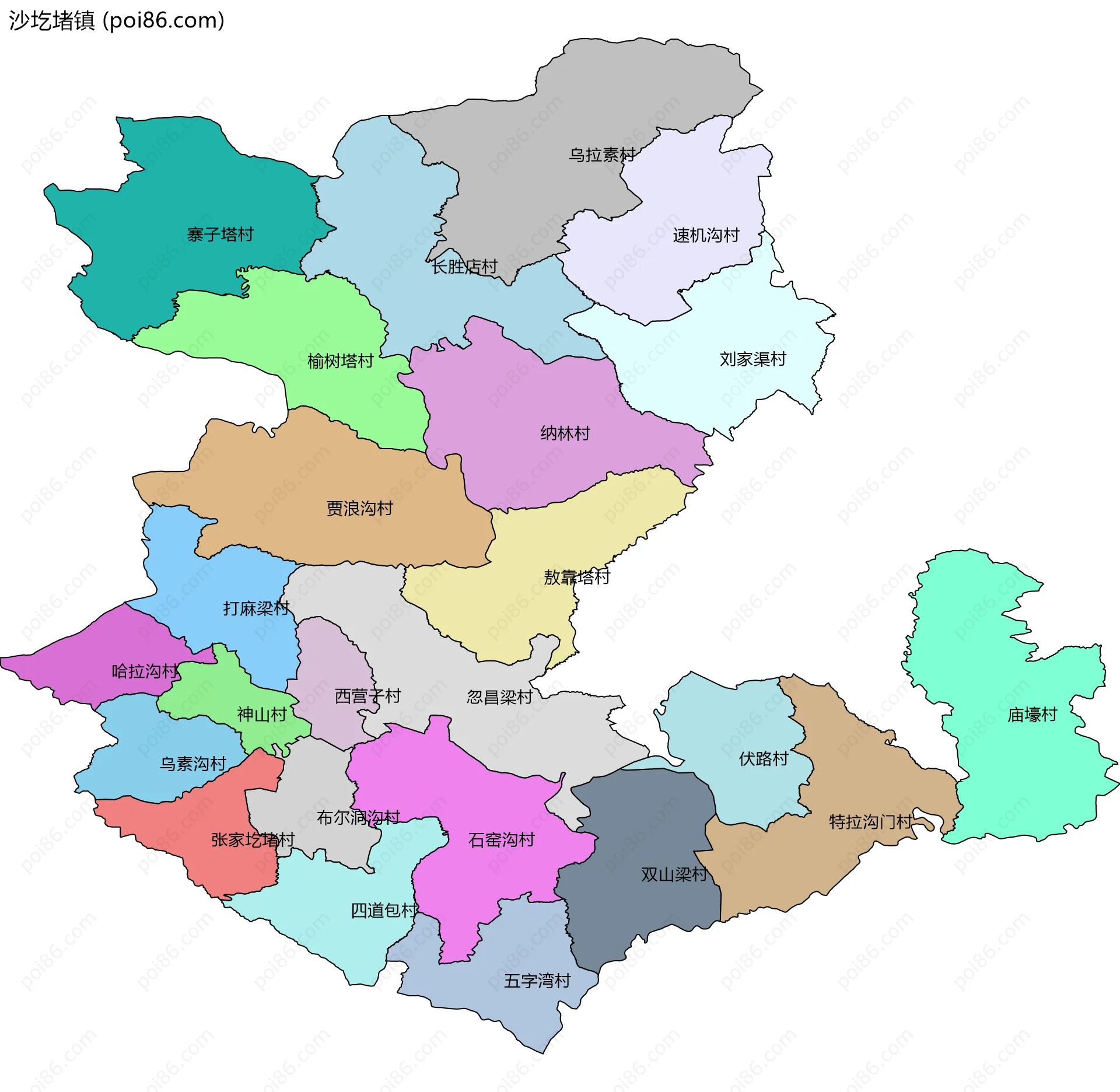 沙圪堵镇边界地图(五级行政区划)