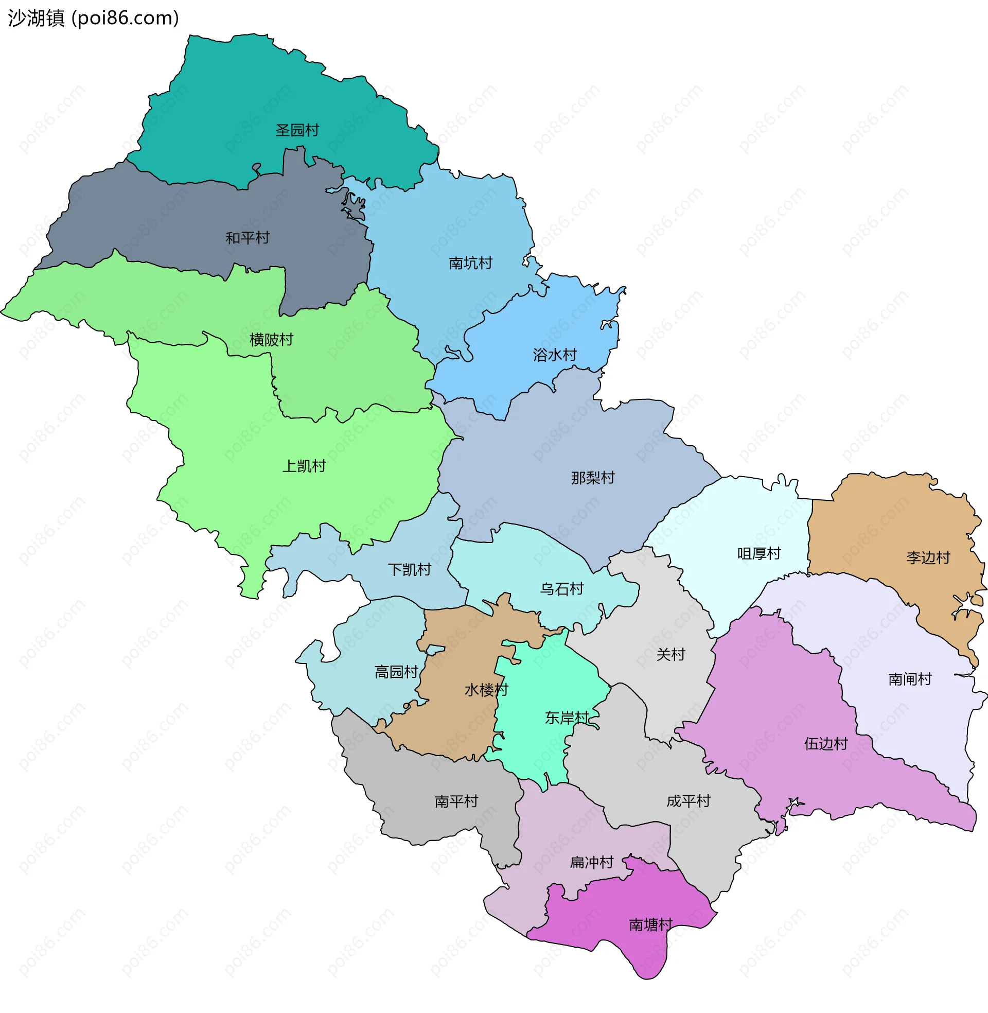 沙湖镇边界地图(五级行政区划)