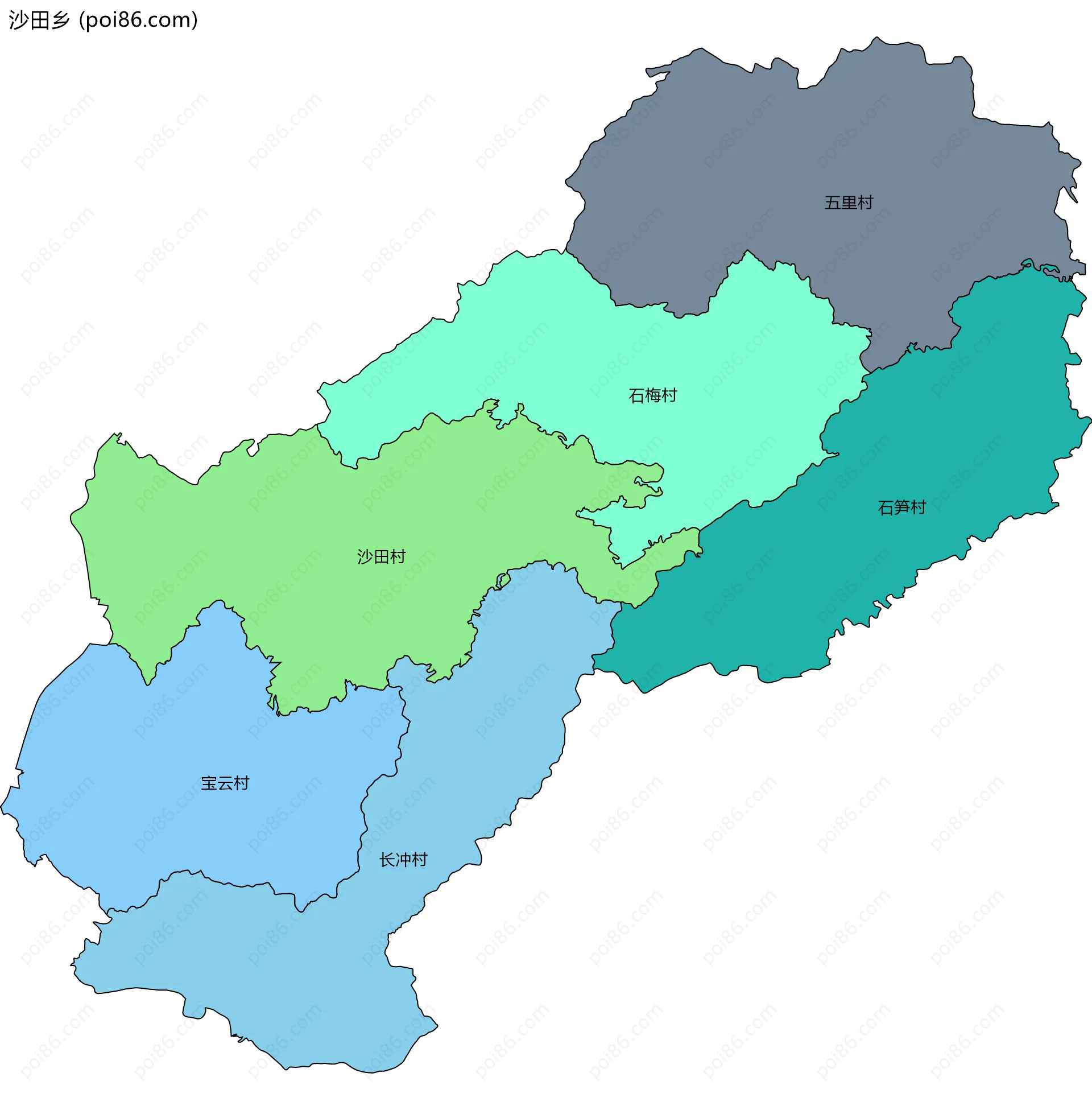 沙田乡边界地图(五级行政区划)