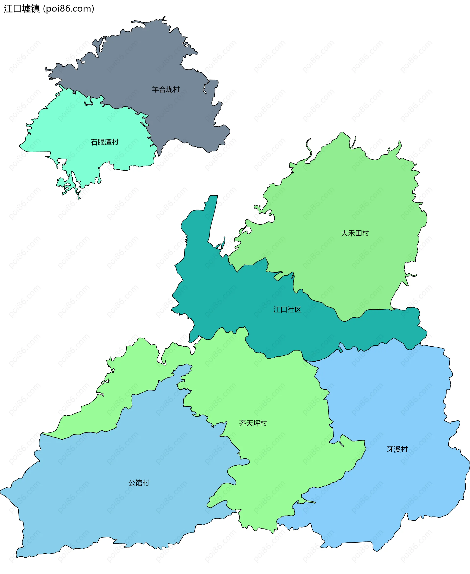 江口墟镇边界地图(五级行政区划)