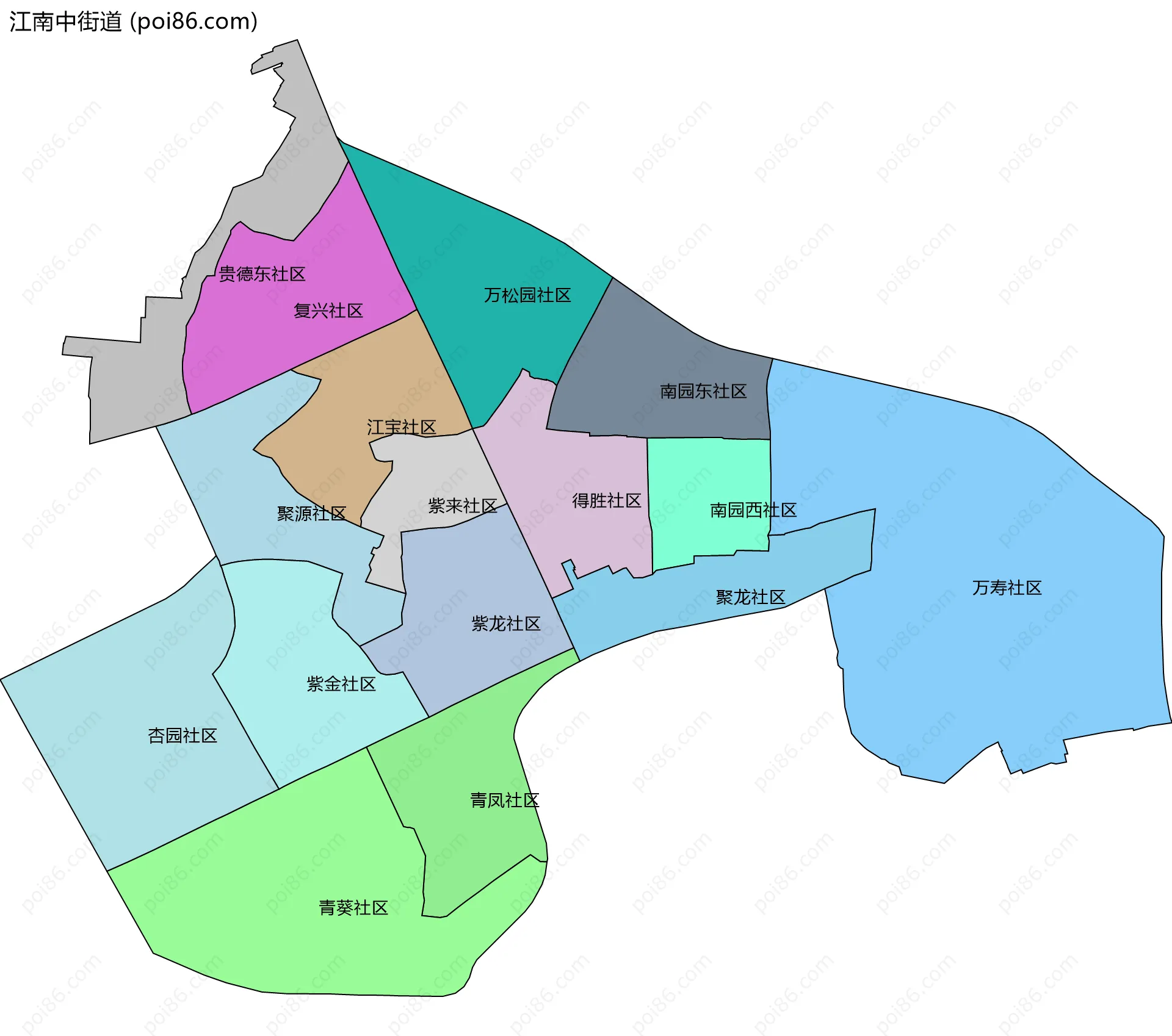 江南中街道边界地图(五级行政区划)