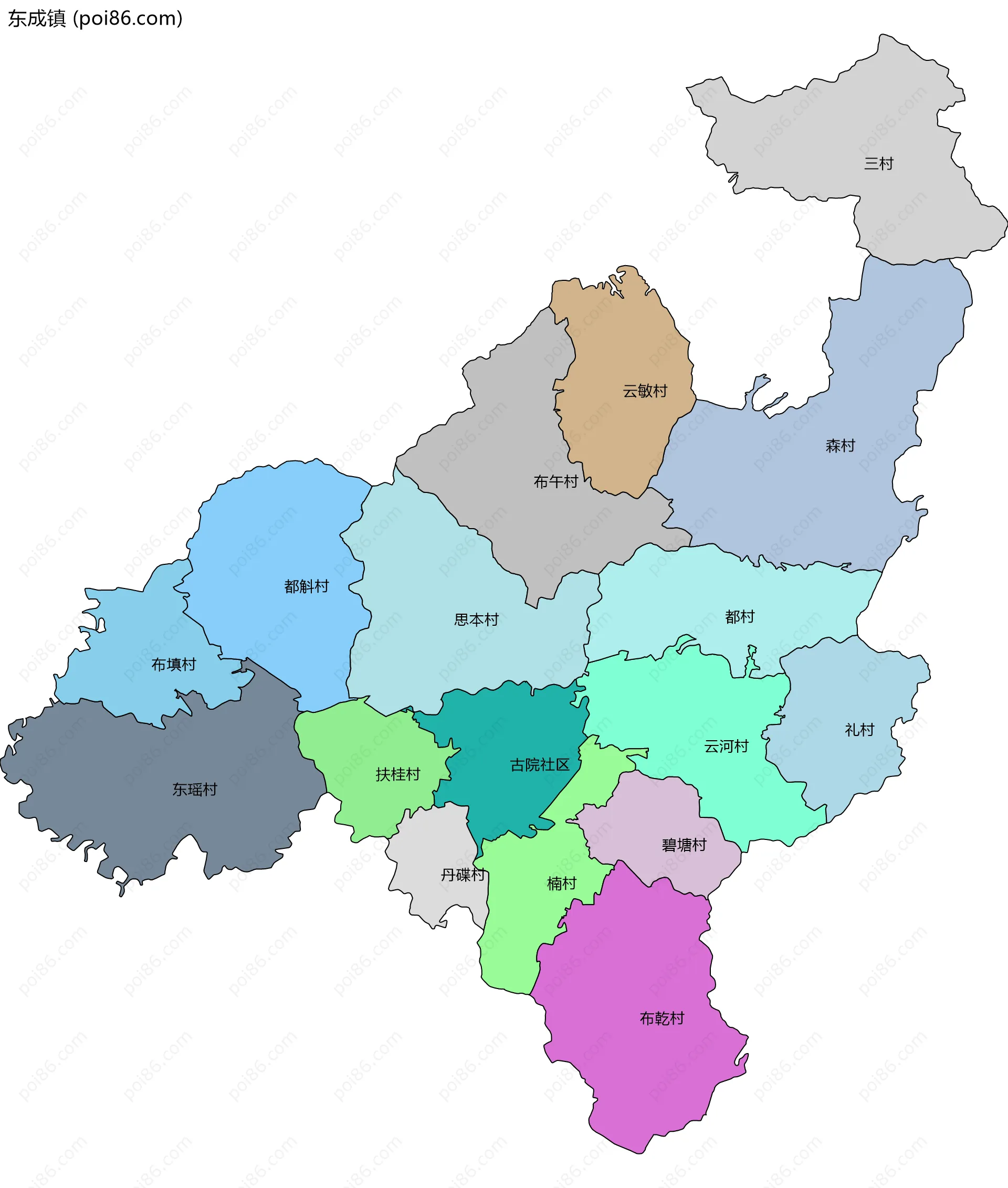 东成镇边界地图(五级行政区划)