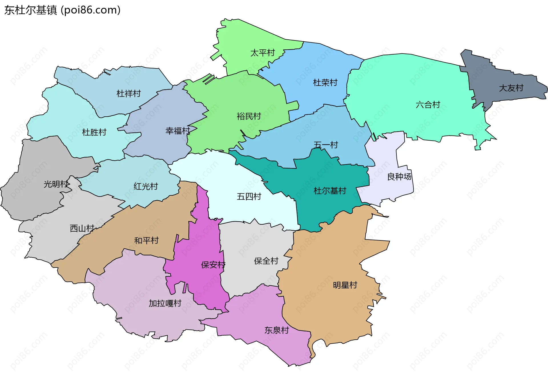 东杜尔基镇边界地图(五级行政区划)