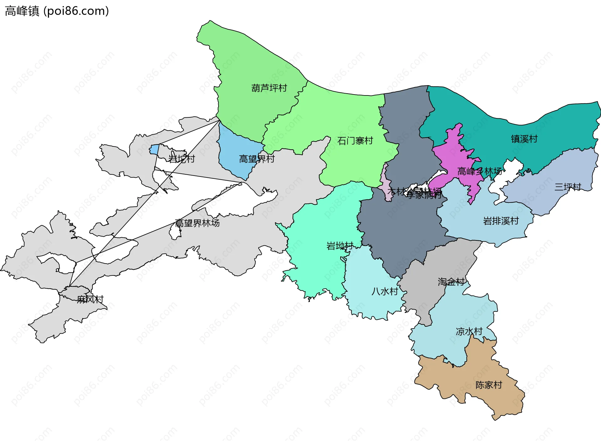 高峰镇边界地图(五级行政区划)
