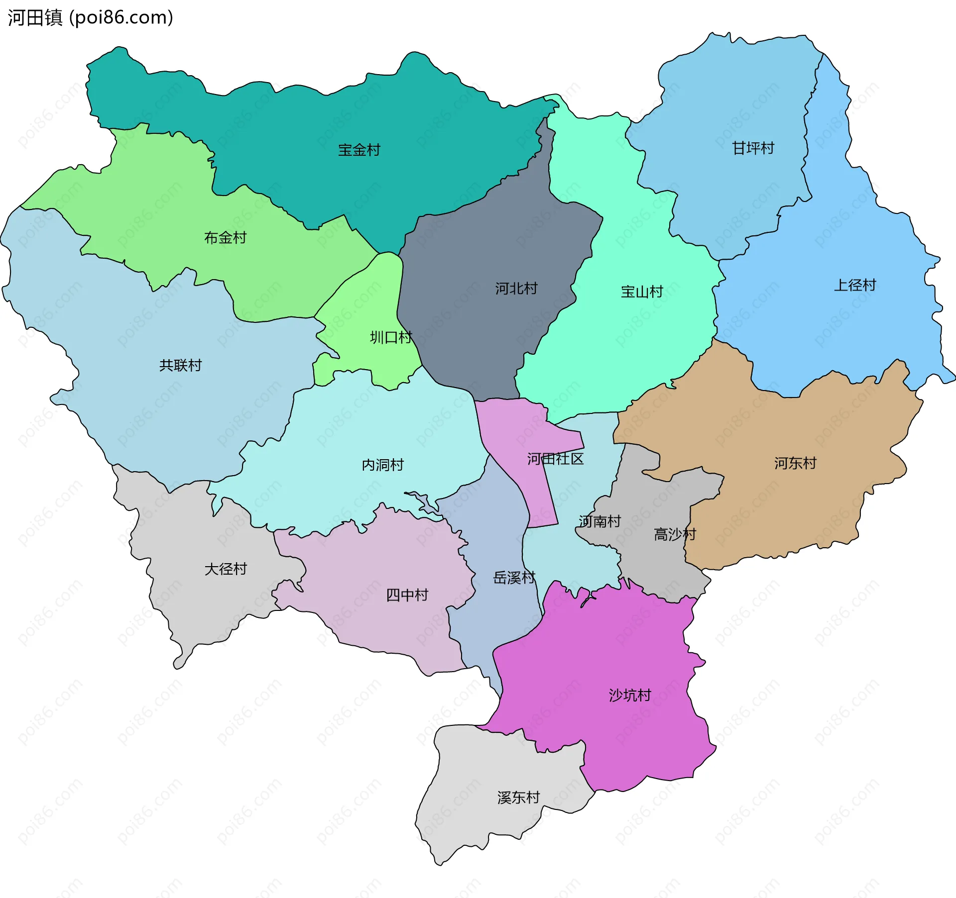河田镇边界地图(五级行政区划)