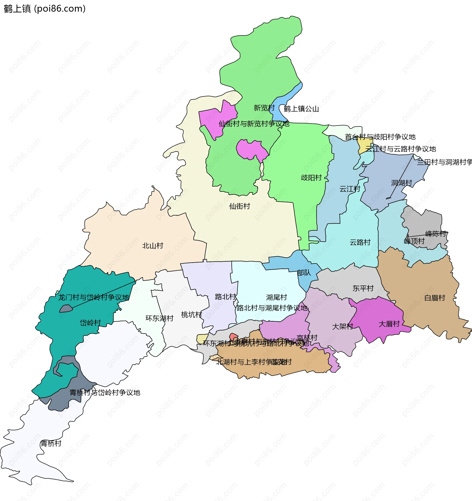 鹤上镇边界地图(五级行政区划)