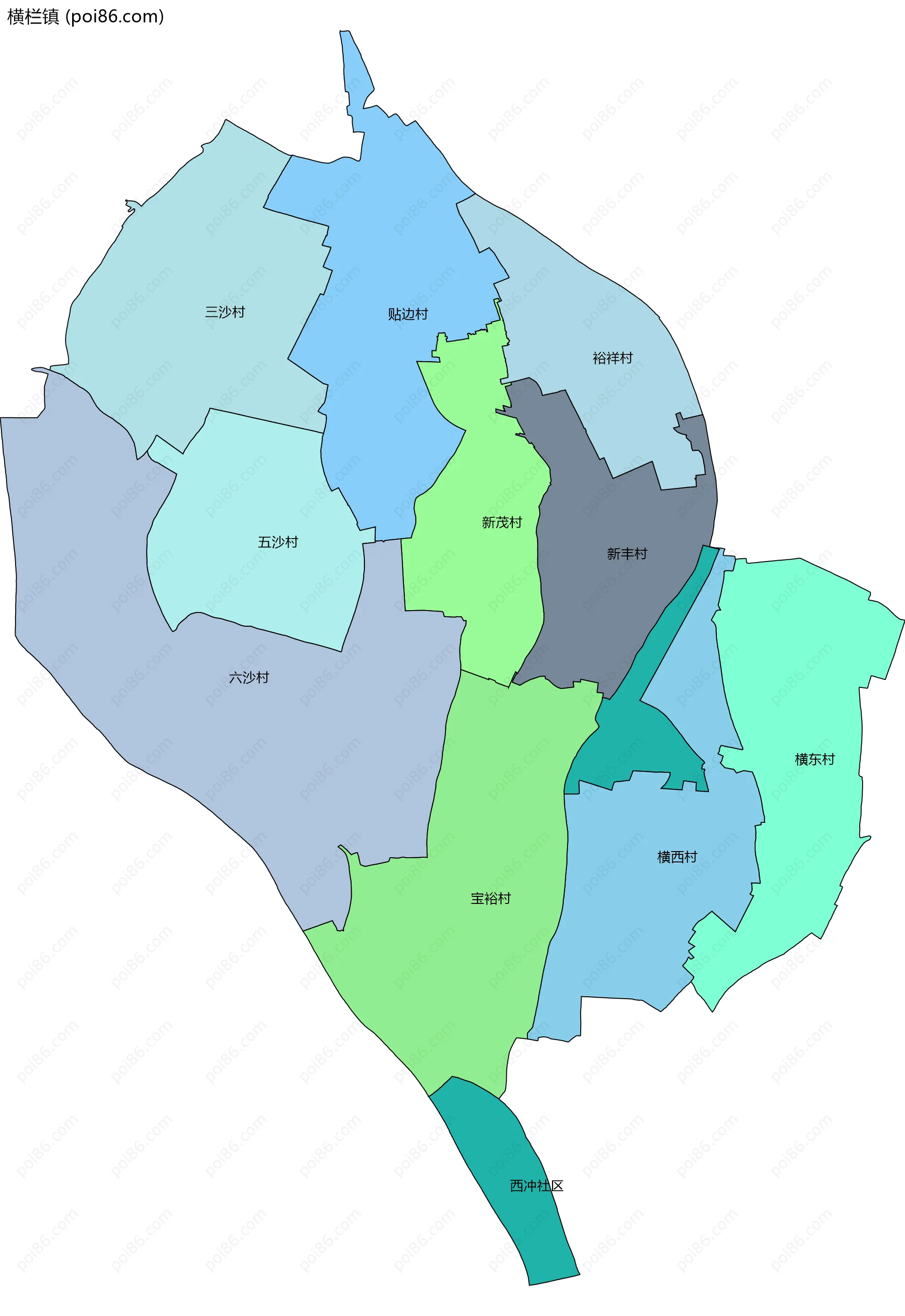 横栏镇边界地图(五级行政区划)