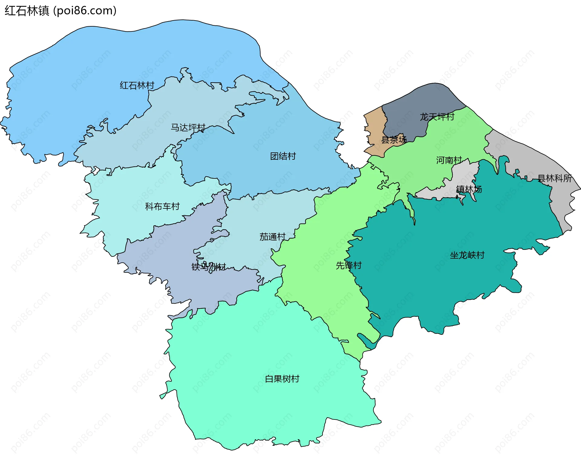 红石林镇边界地图(五级行政区划)