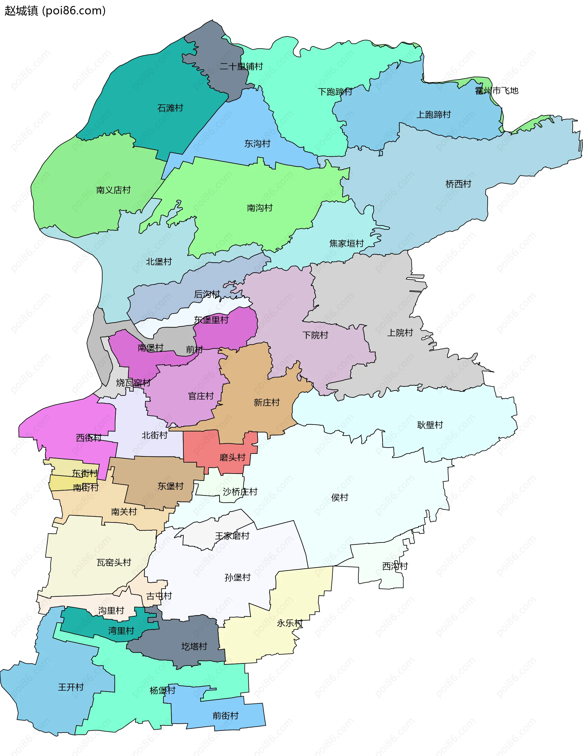 赵城镇边界地图(五级行政区划)