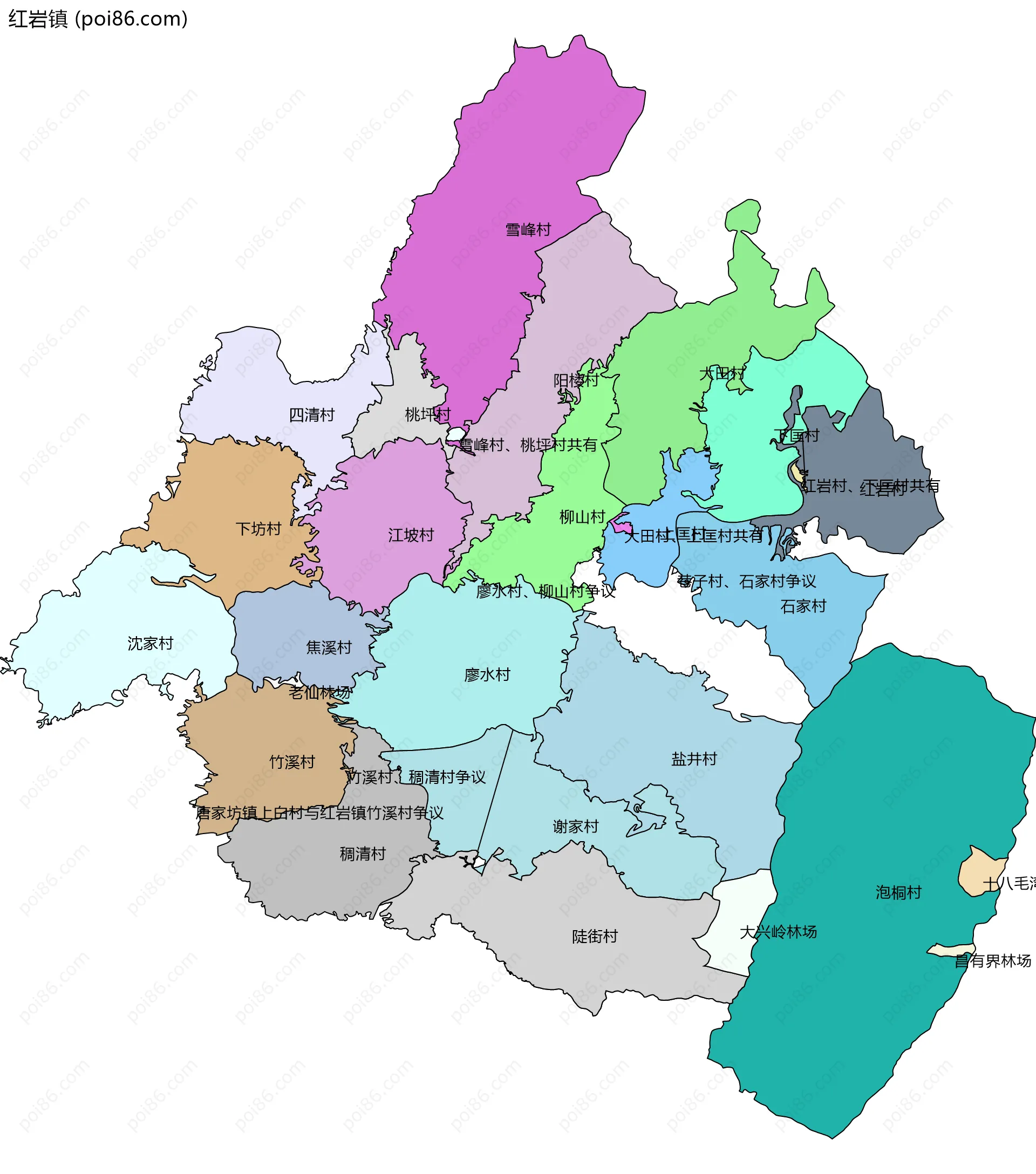 红岩镇边界地图(五级行政区划)