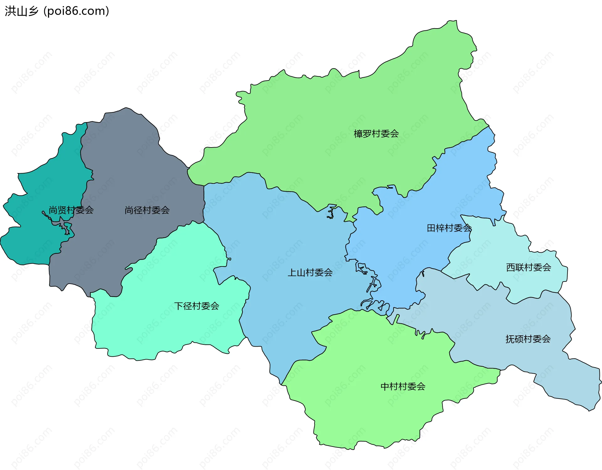 洪山乡边界地图(五级行政区划)