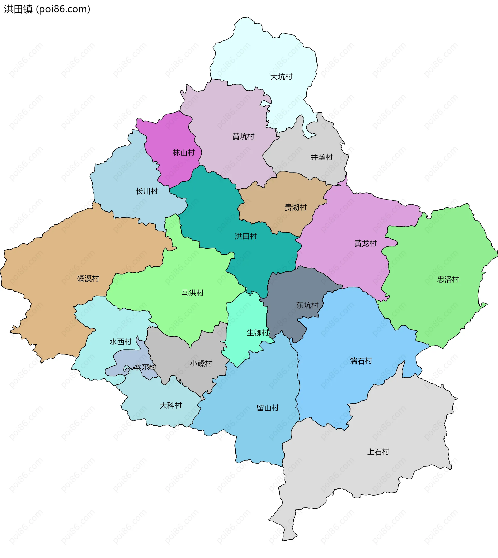 洪田镇边界地图(五级行政区划)