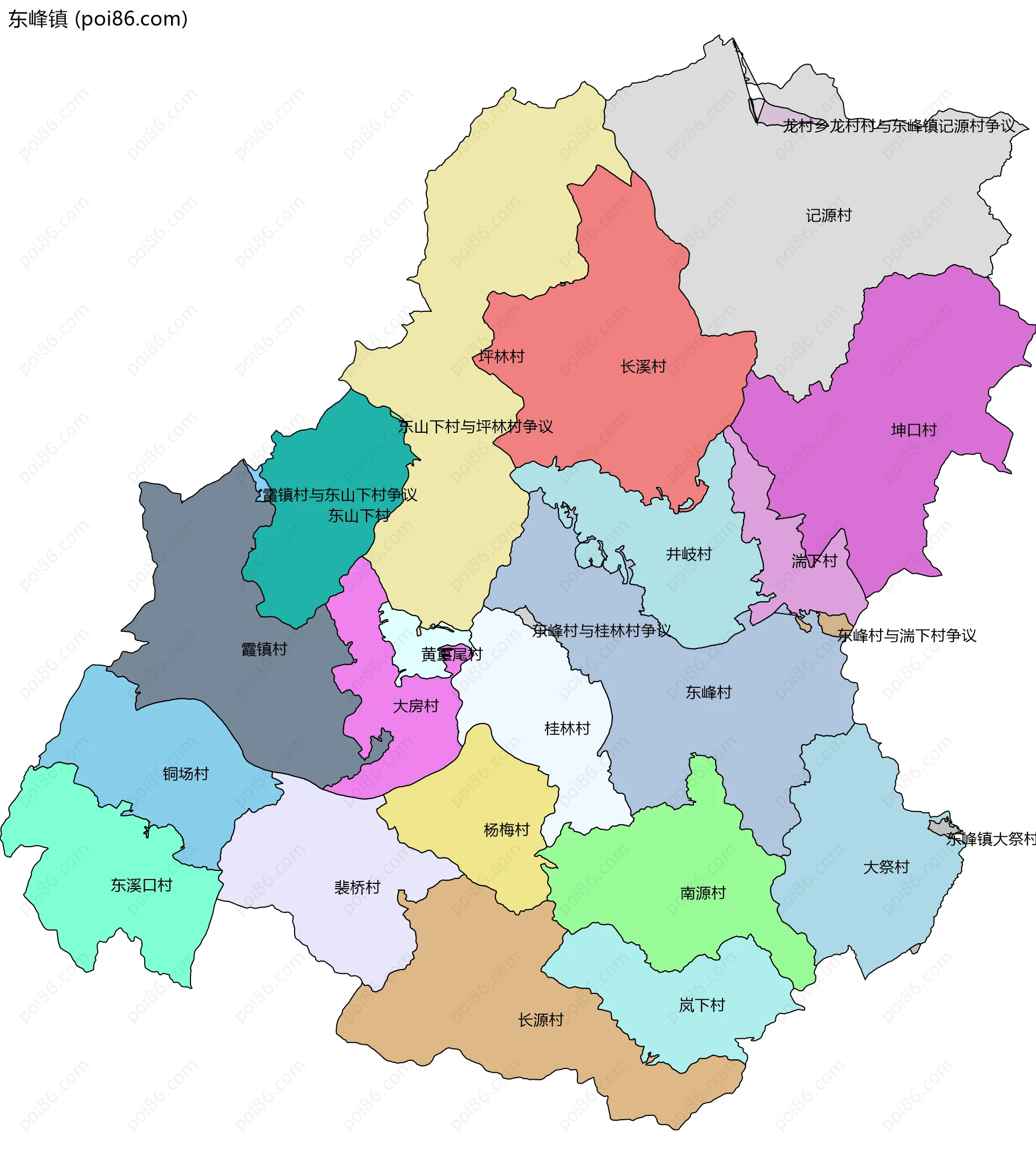 东峰镇边界地图(五级行政区划)