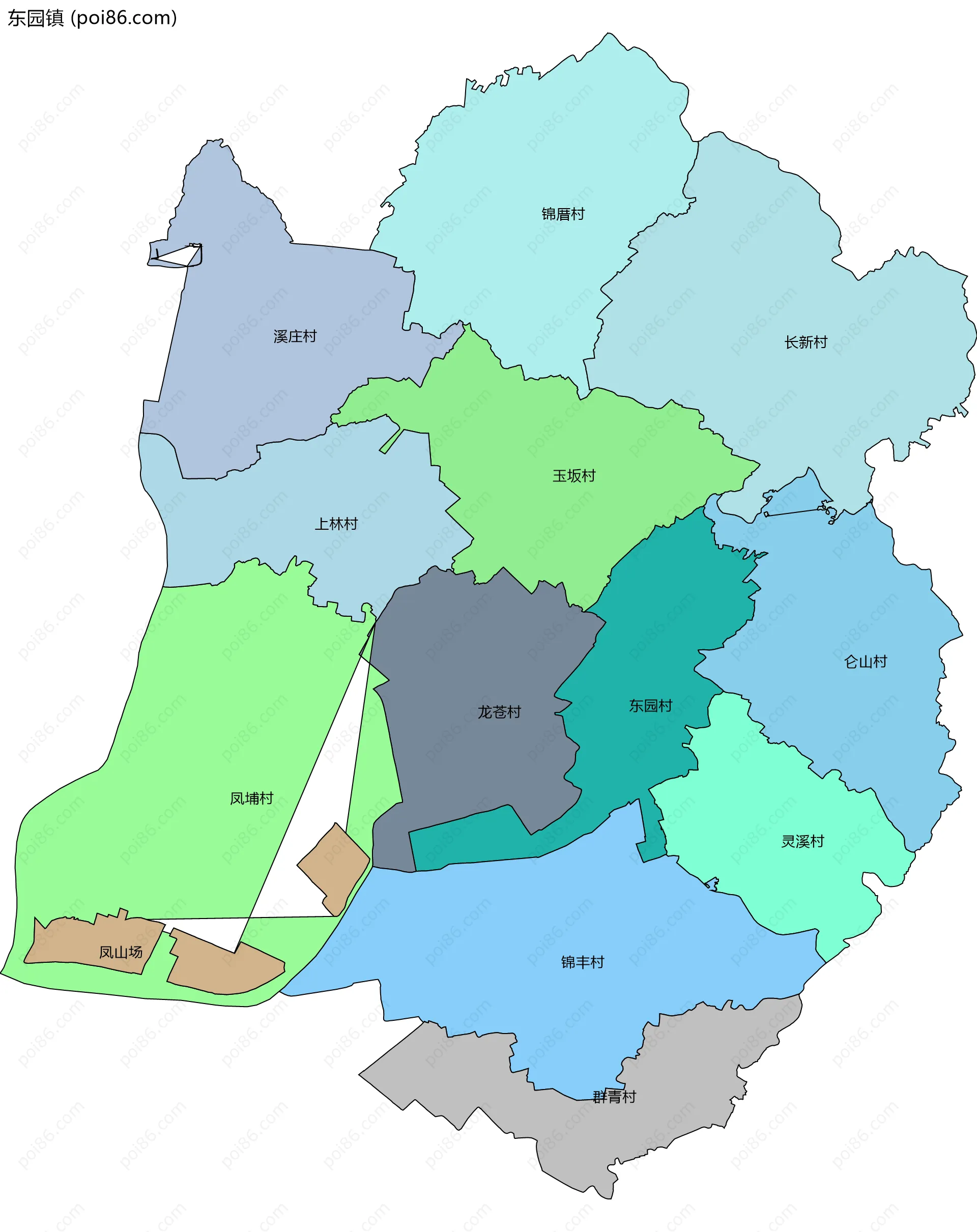 东园镇边界地图(五级行政区划)