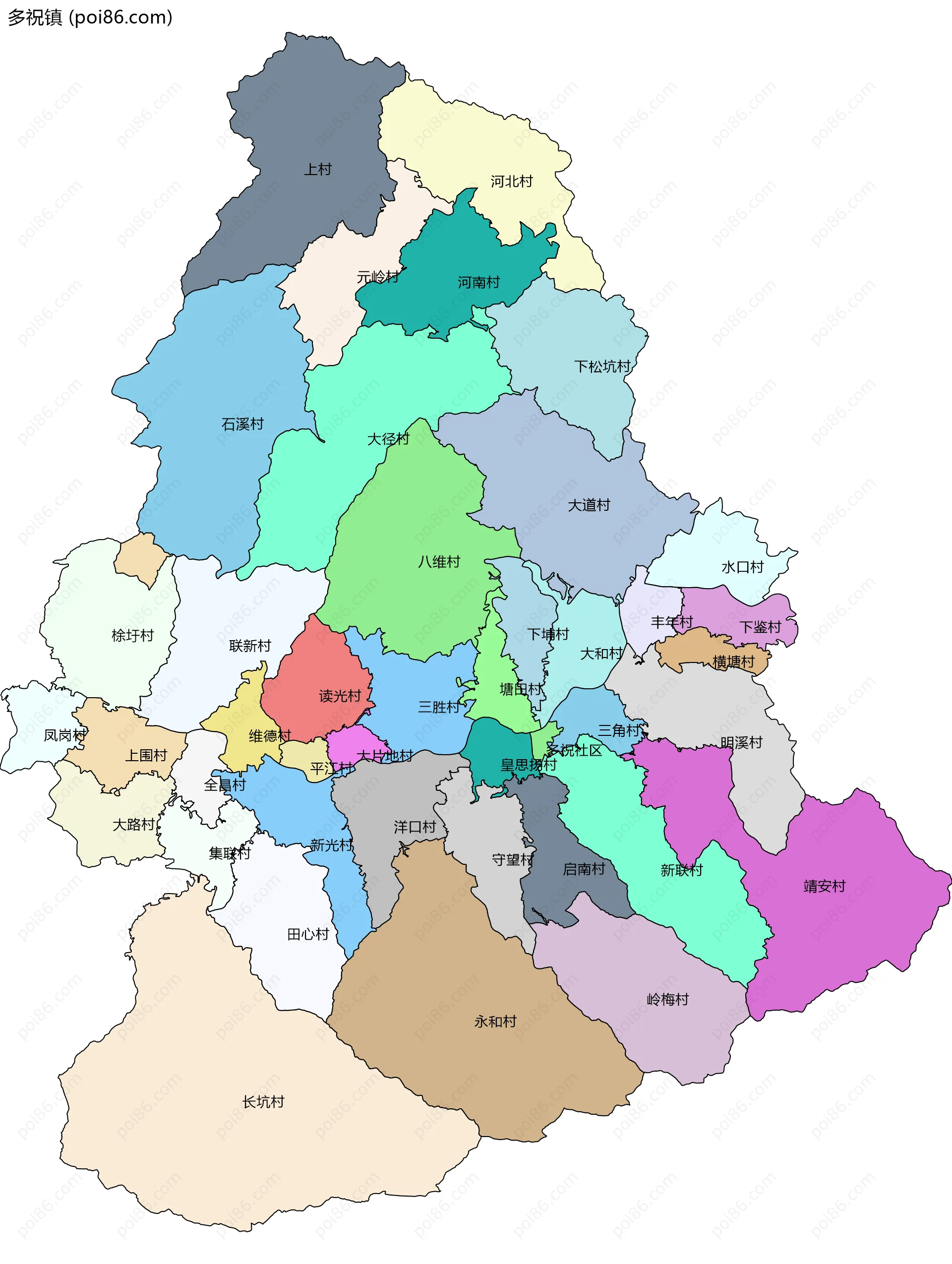 多祝镇边界地图(五级行政区划)