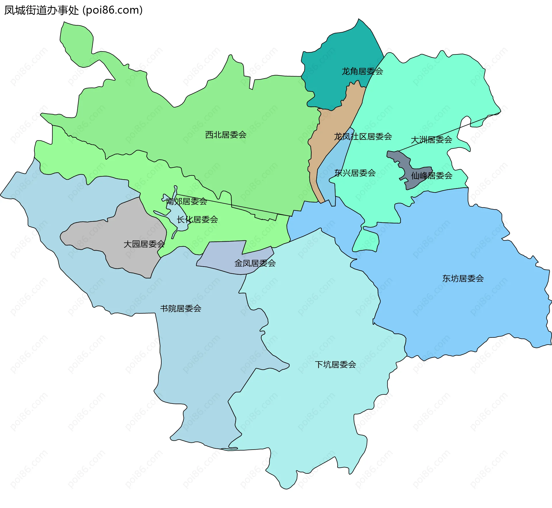 凤城街道办事处边界地图(五级行政区划)