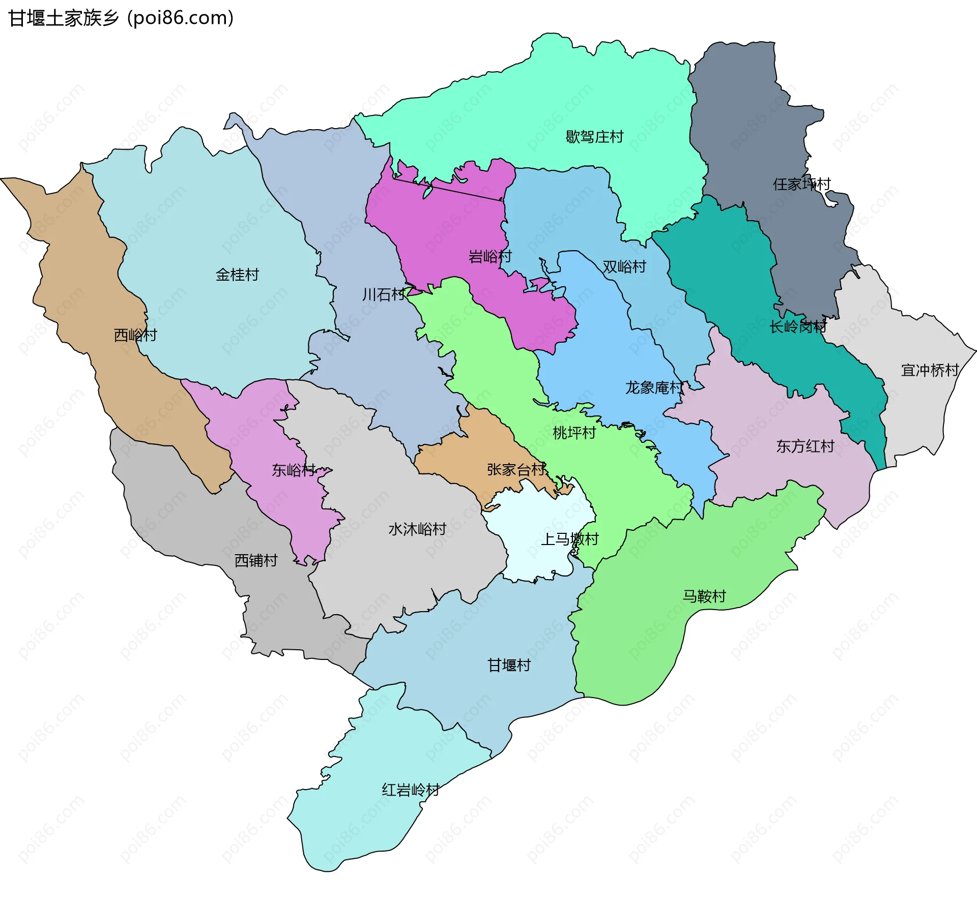 甘堰土家族乡边界地图(五级行政区划)