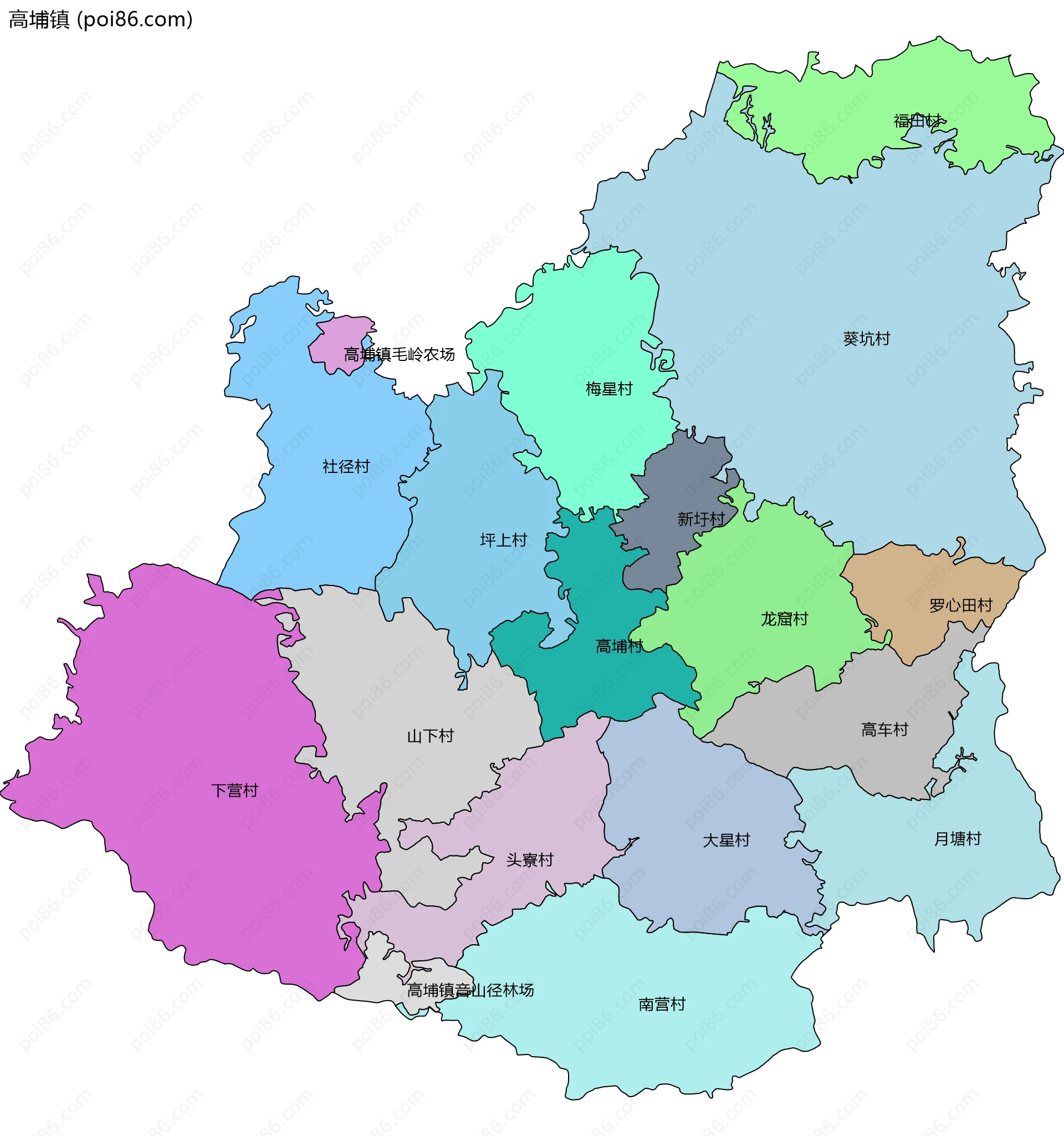 高埔镇边界地图(五级行政区划)