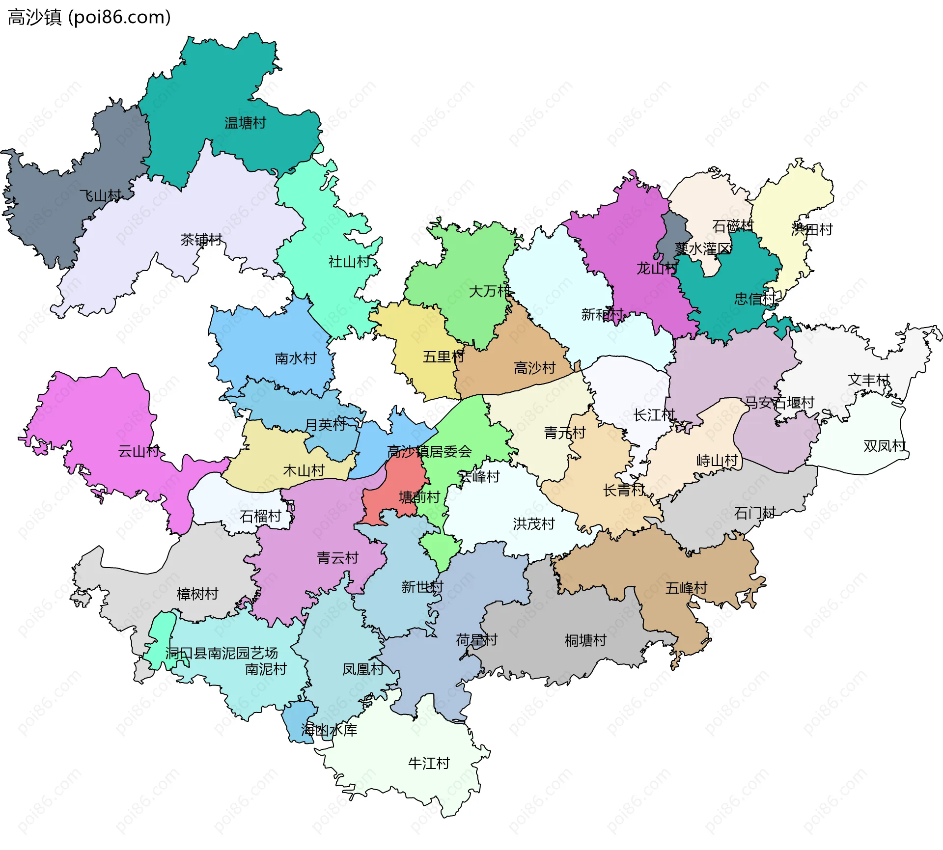 高沙镇边界地图(五级行政区划)