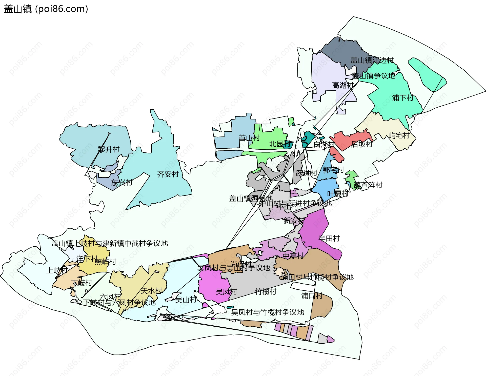 盖山镇边界地图(五级行政区划)