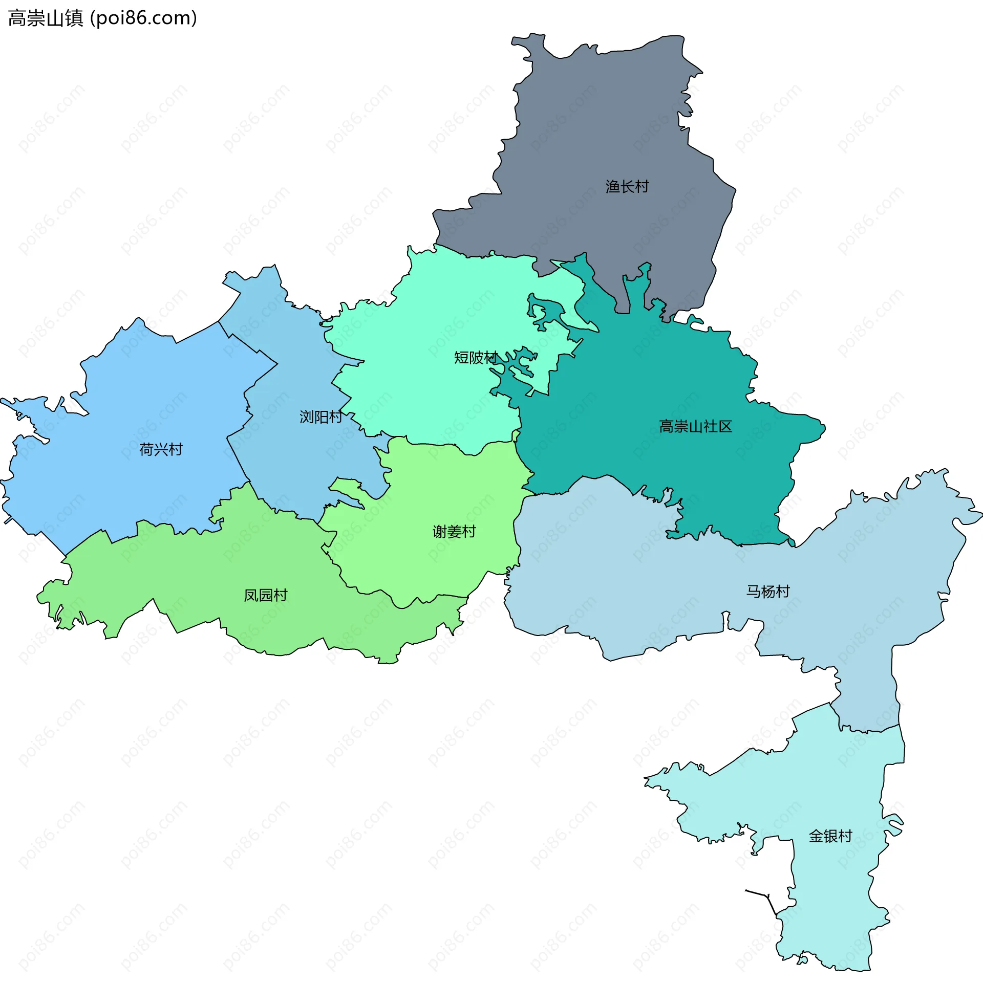 高崇山镇边界地图(五级行政区划)