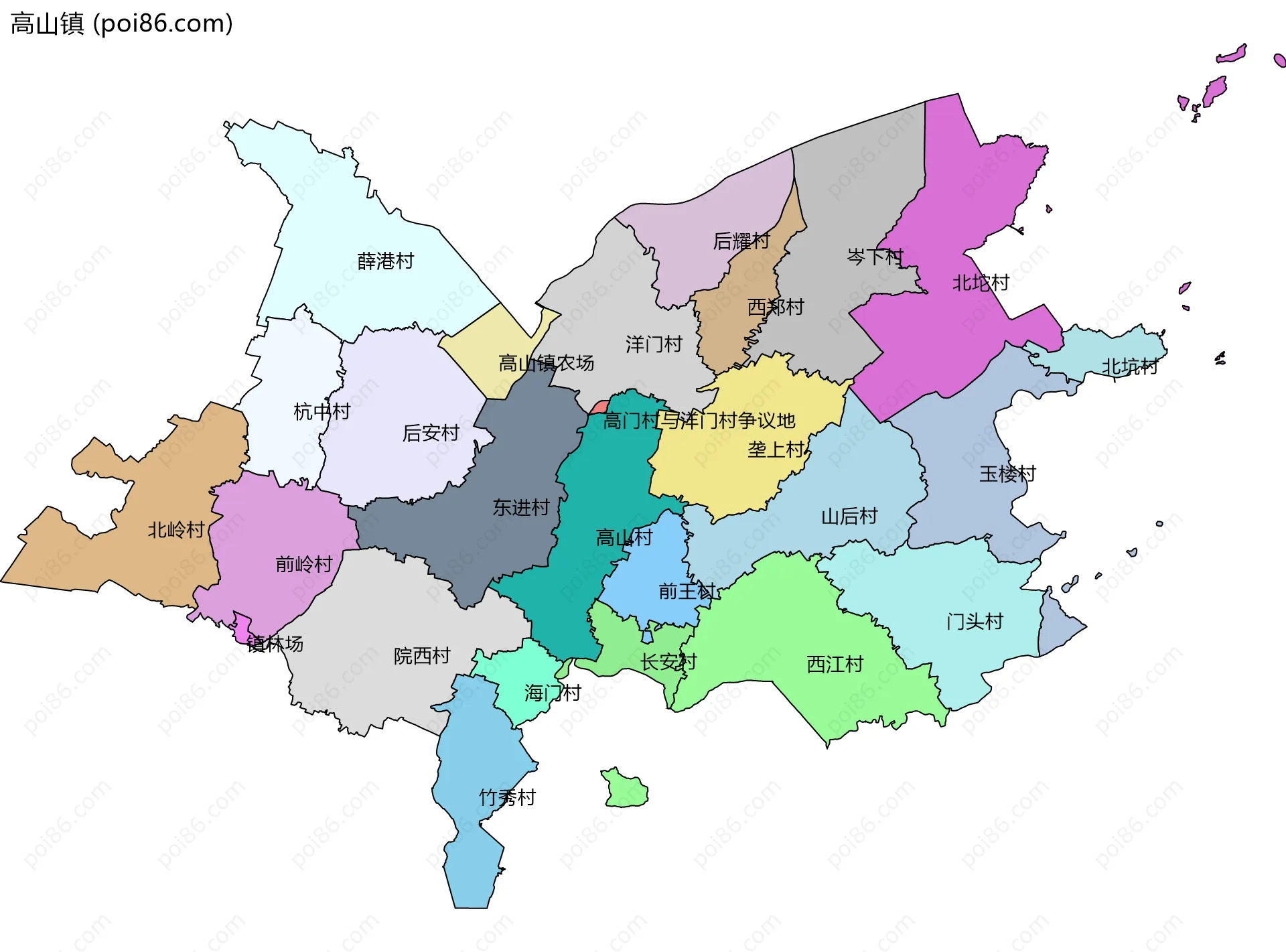 高山镇边界地图(五级行政区划)