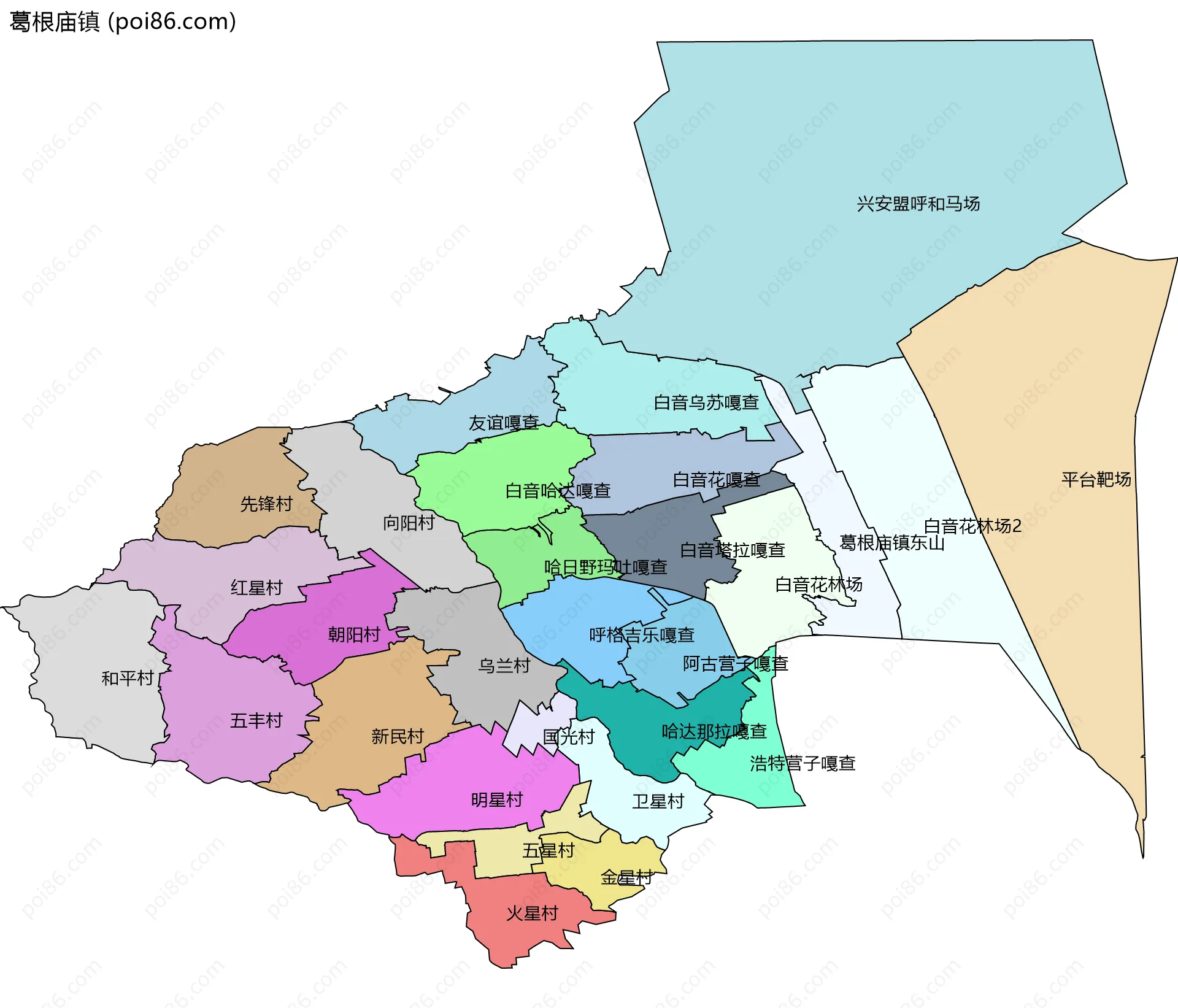 葛根庙镇边界地图(五级行政区划)