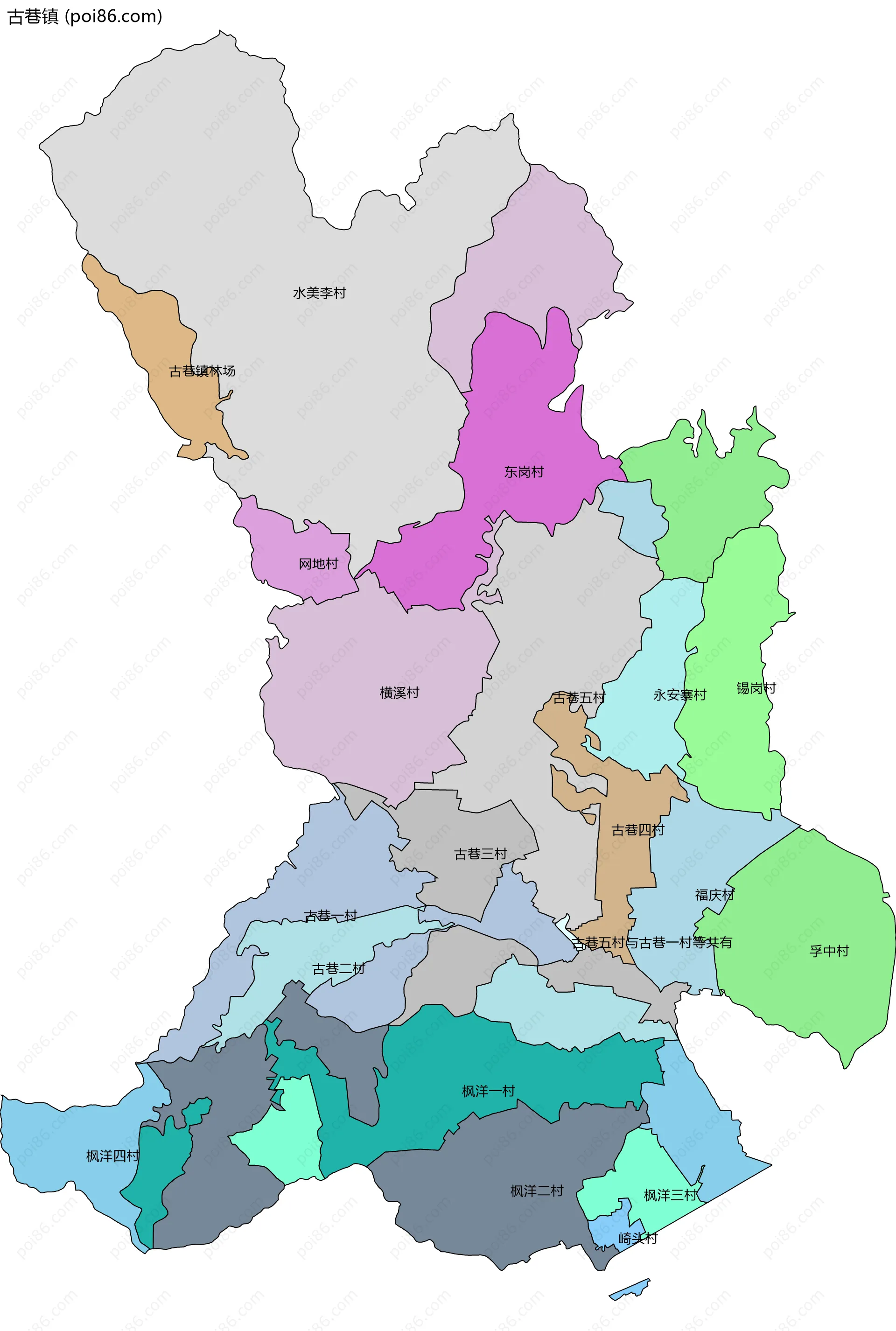 古巷镇边界地图(五级行政区划)