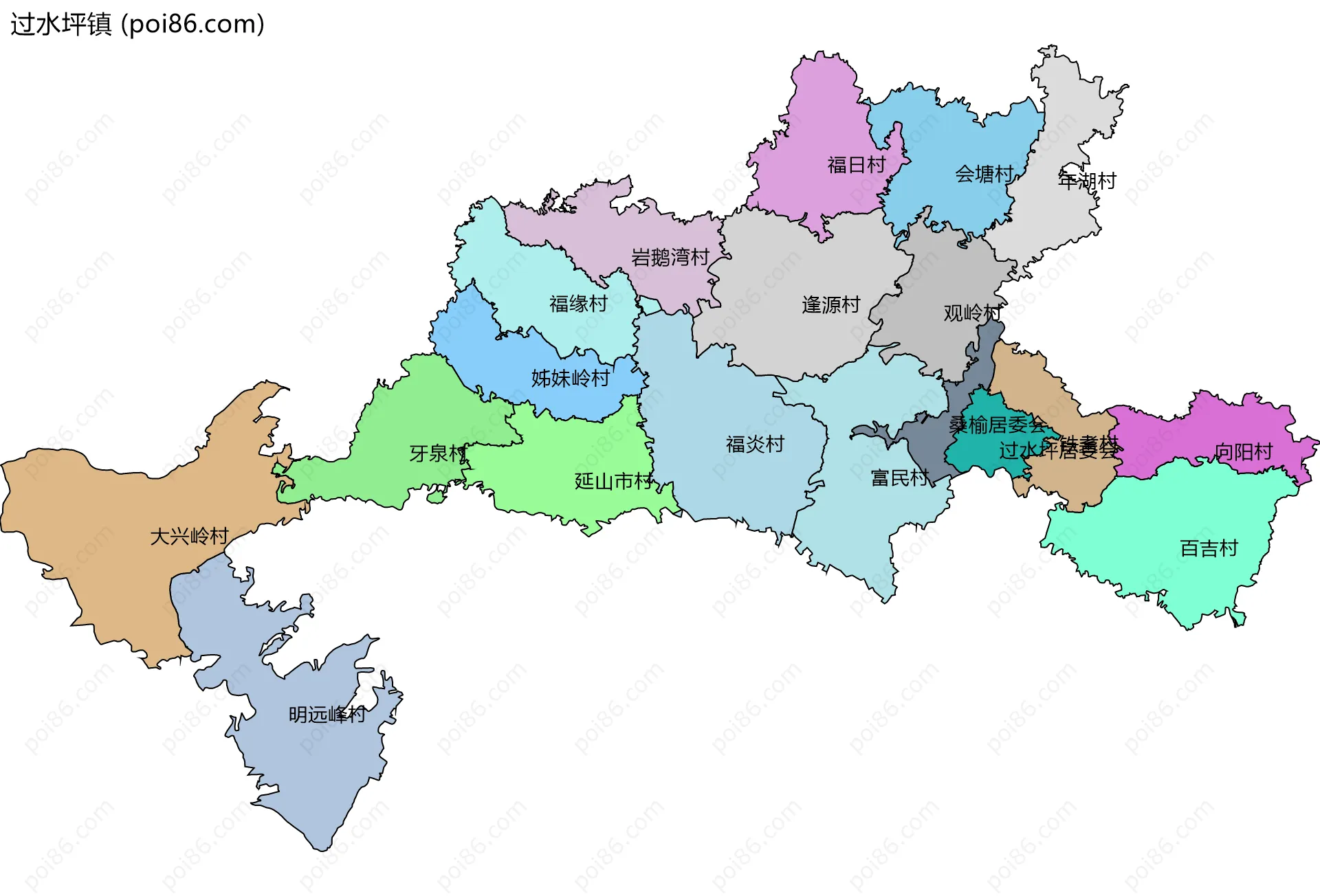过水坪镇边界地图(五级行政区划)