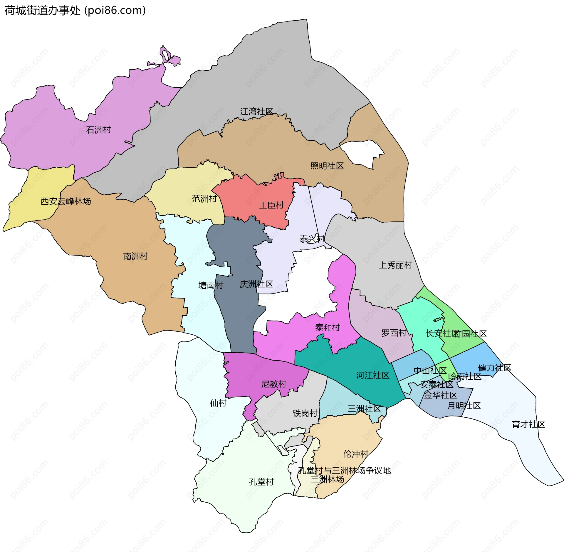 荷城街道办事处边界地图(五级行政区划)