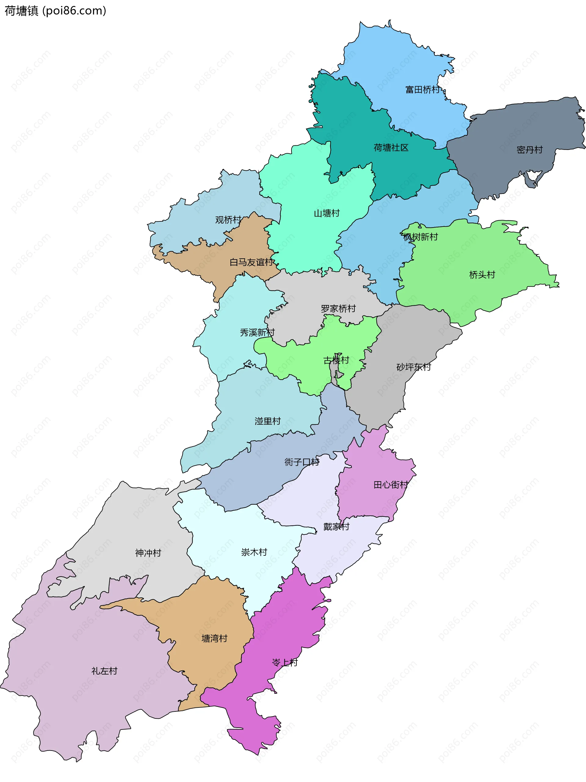 荷塘镇边界地图(五级行政区划)