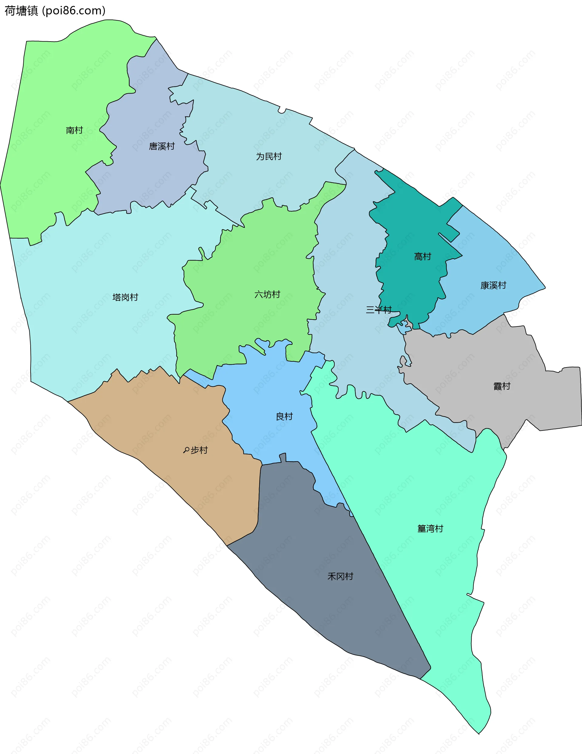 荷塘镇边界地图(五级行政区划)