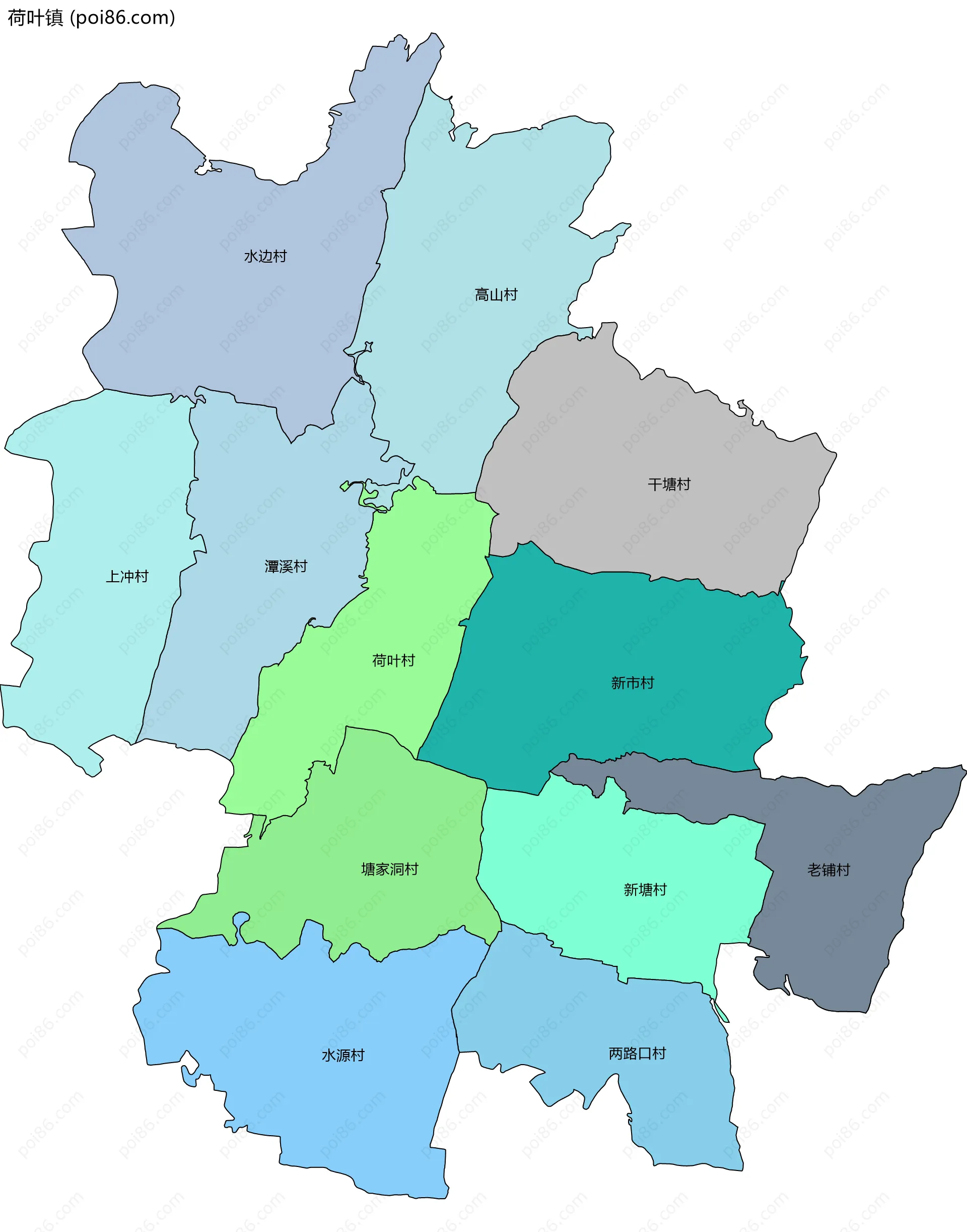 荷叶镇边界地图(五级行政区划)