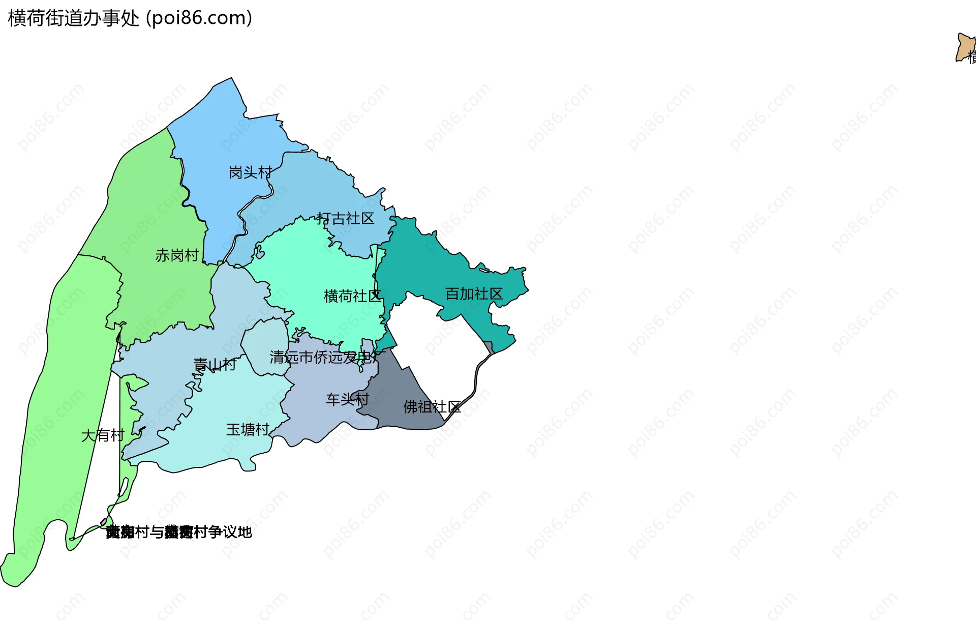 横荷街道办事处边界地图(五级行政区划)