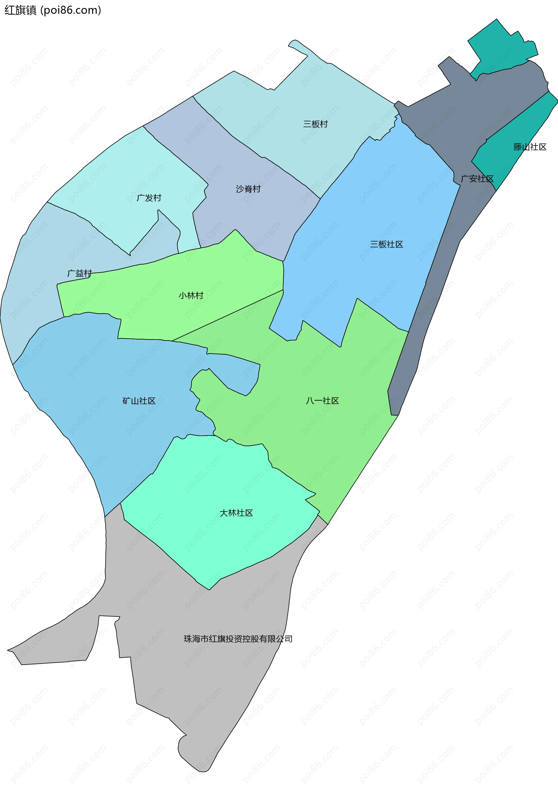 红旗镇边界地图(五级行政区划)