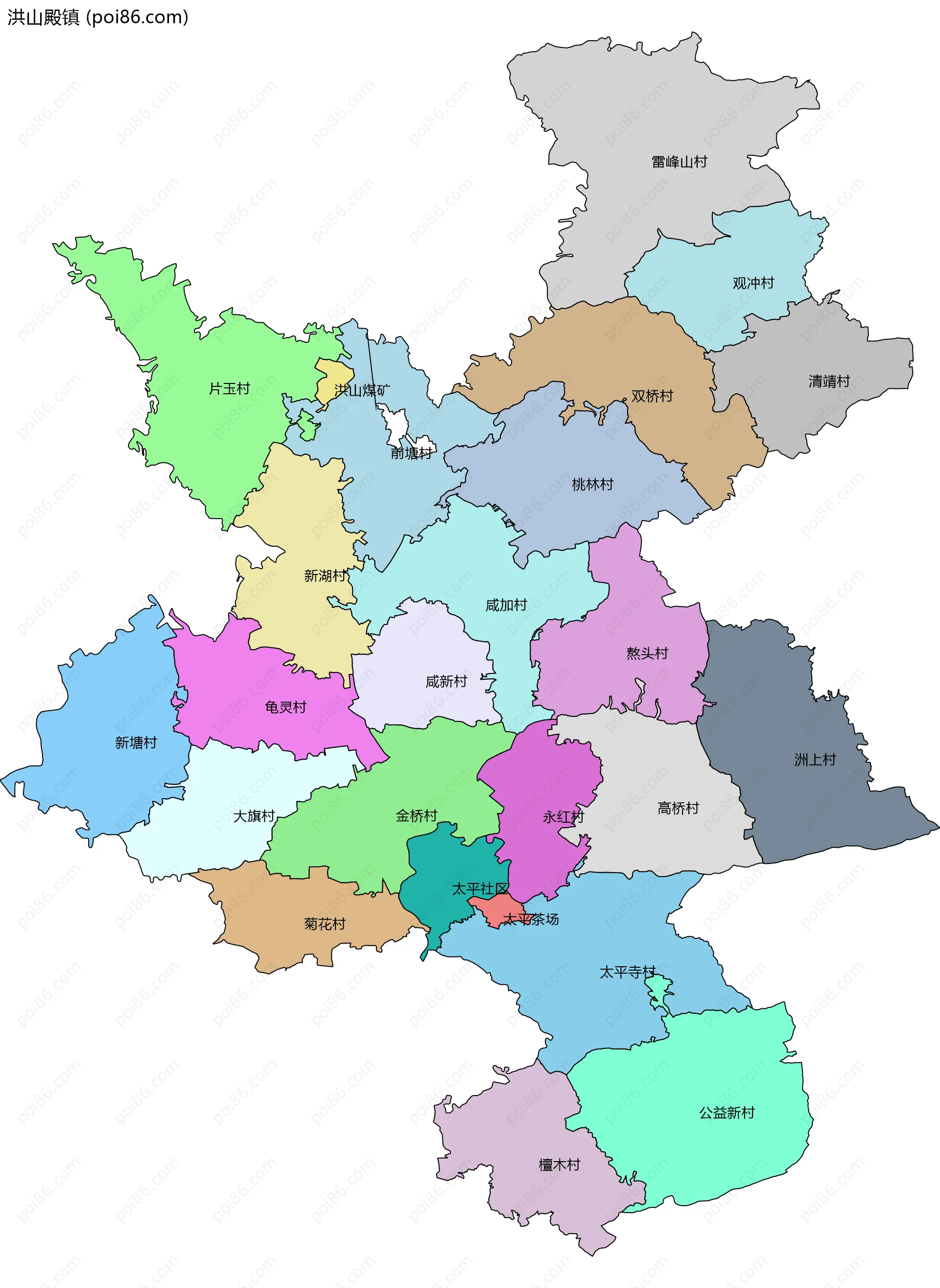 洪山殿镇边界地图(五级行政区划)