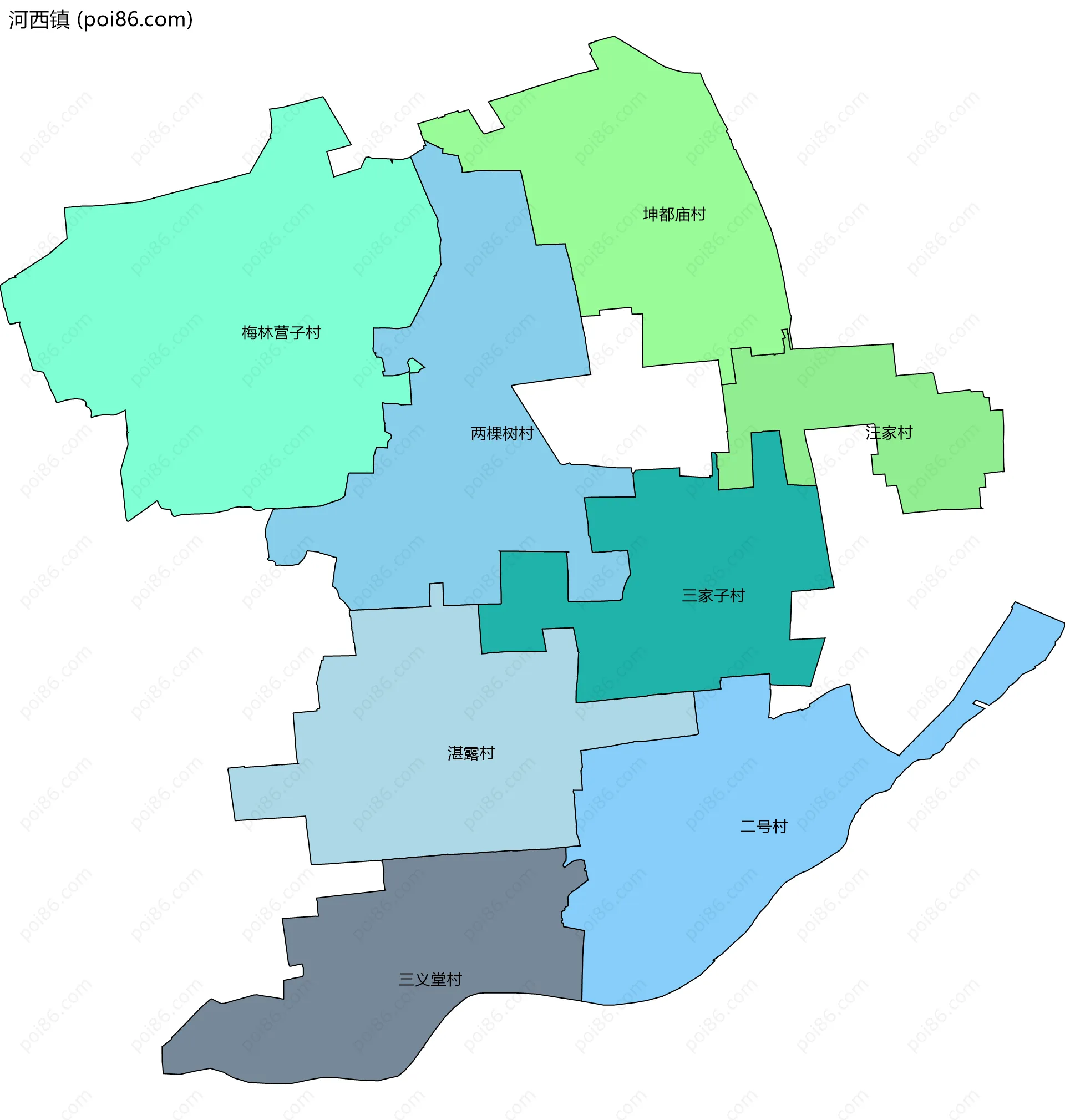 河西镇边界地图(五级行政区划)